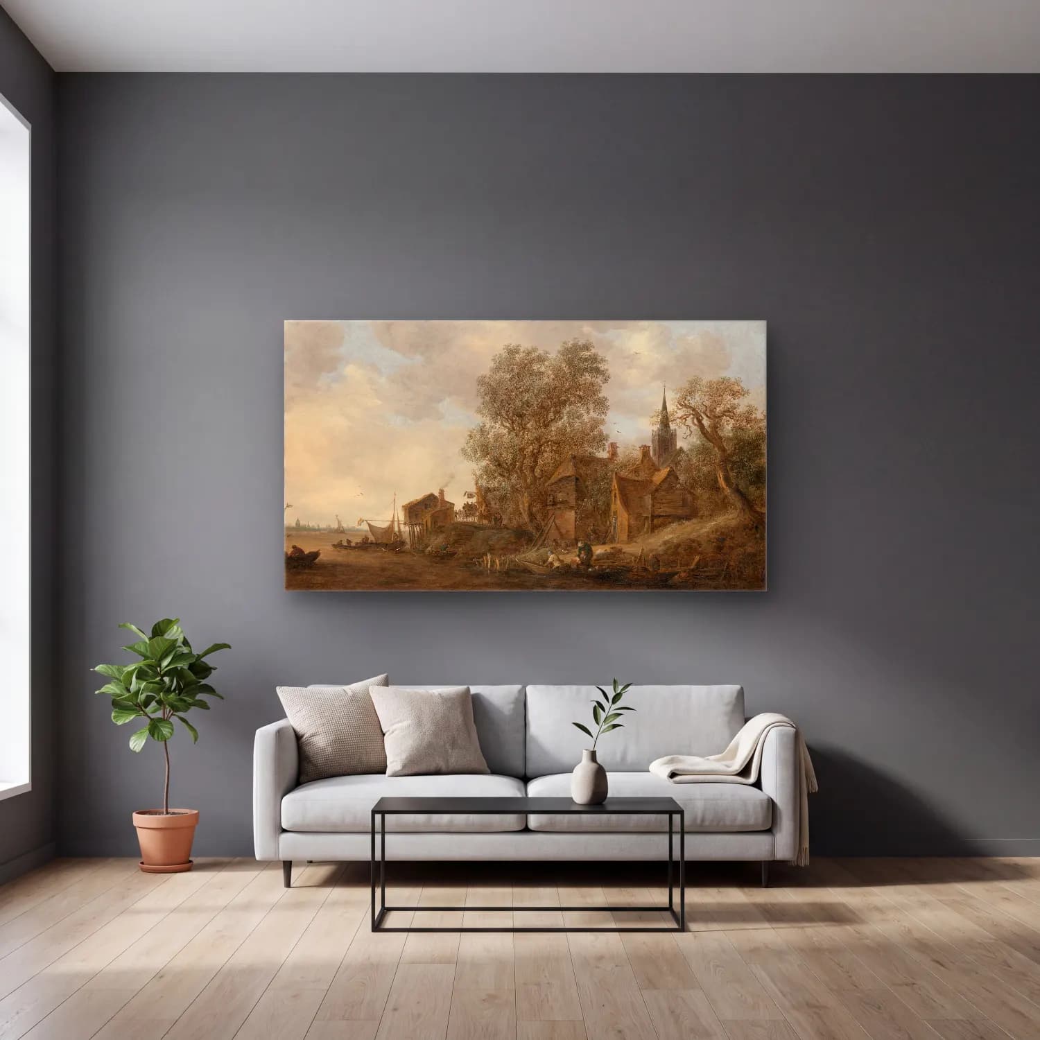 Jan van Goyen – View of a Town on a River cam tablo — gri duvarlı salonda