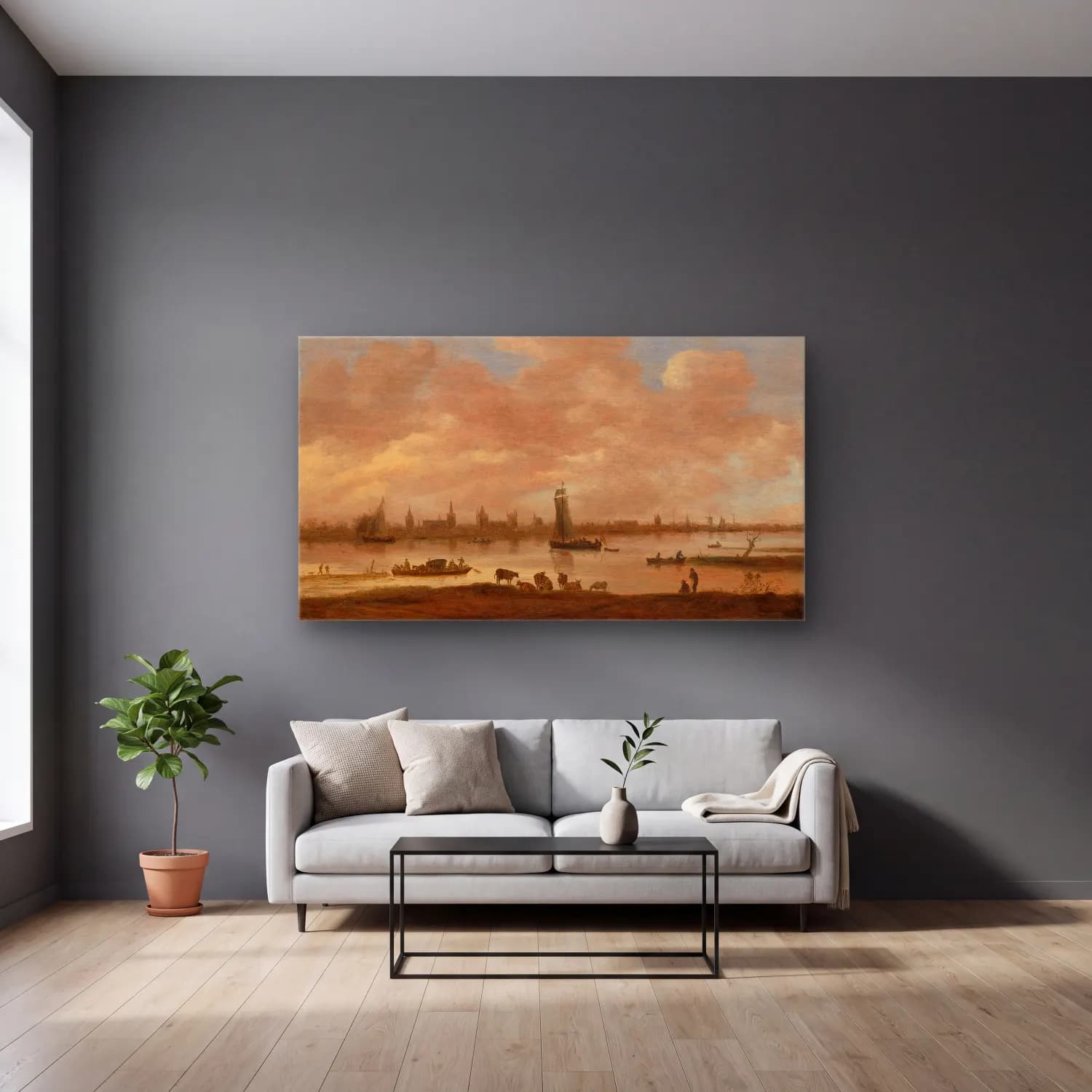 Jan van Goyen – View of an Imaginary Town across a River cam tablo — gri duvarlı salonda