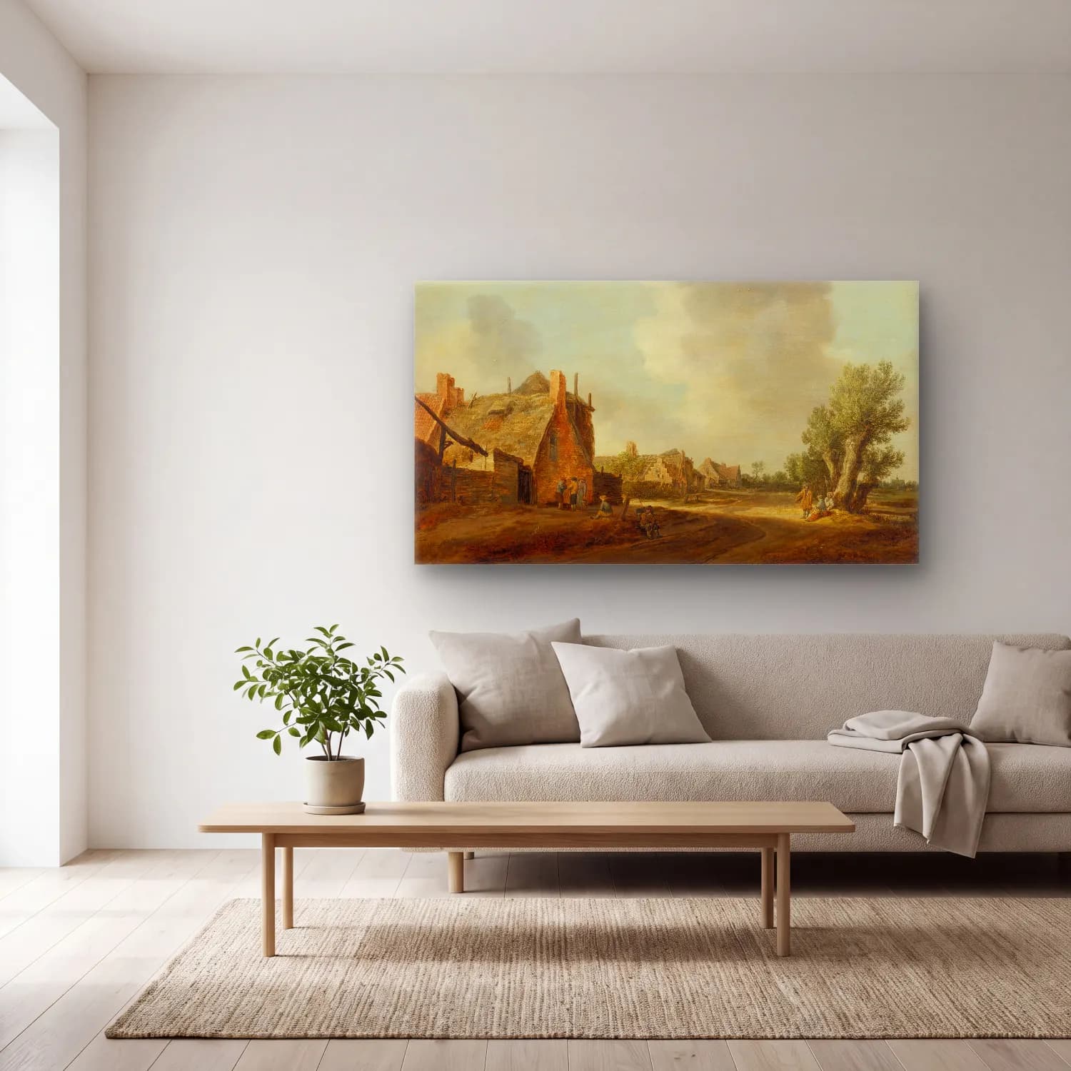 Jan van Goyen – Village Street cam tablo — açık renk salonda