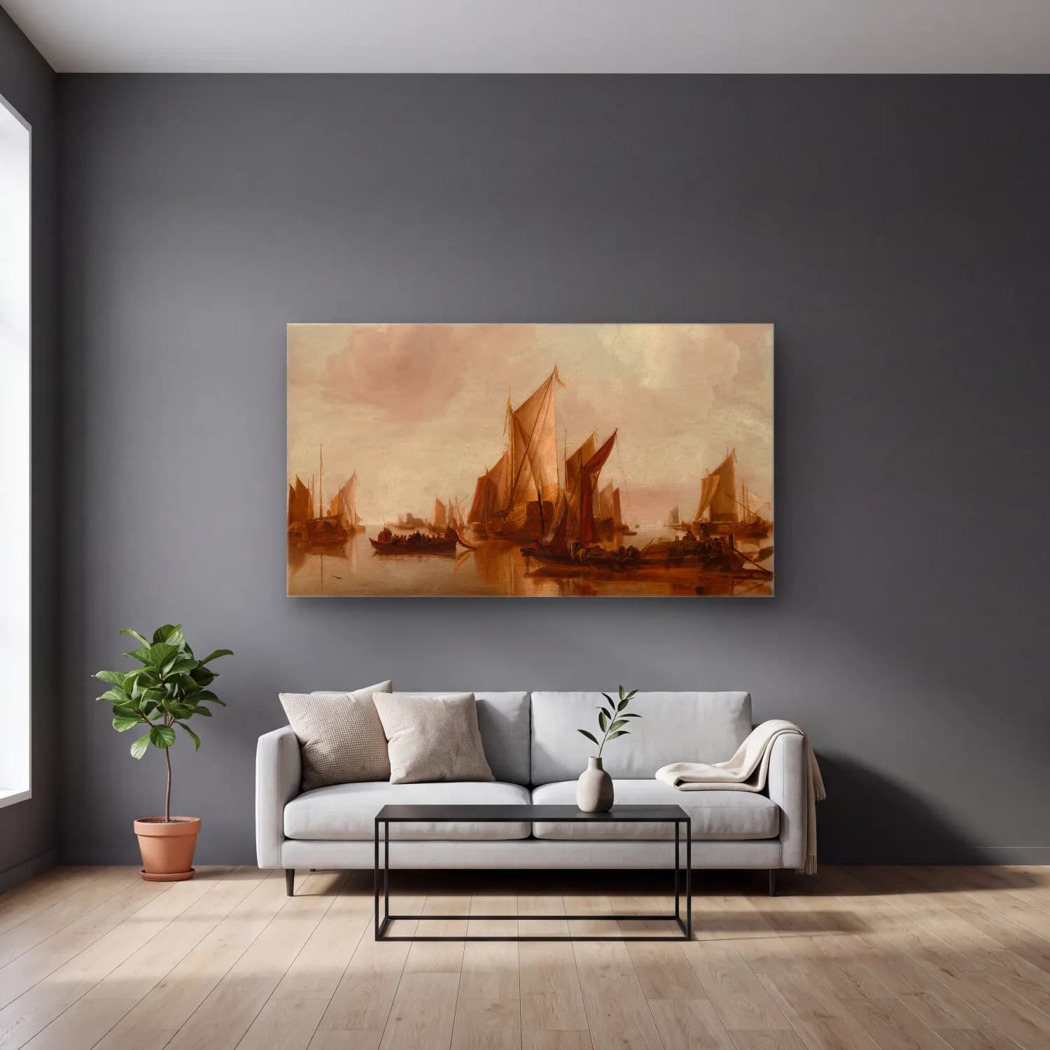 Jan van de Cappelle – A State Yacht and Other Craft in Calm Water (ca. 1660) cam tablo — gri duvarlı salonda