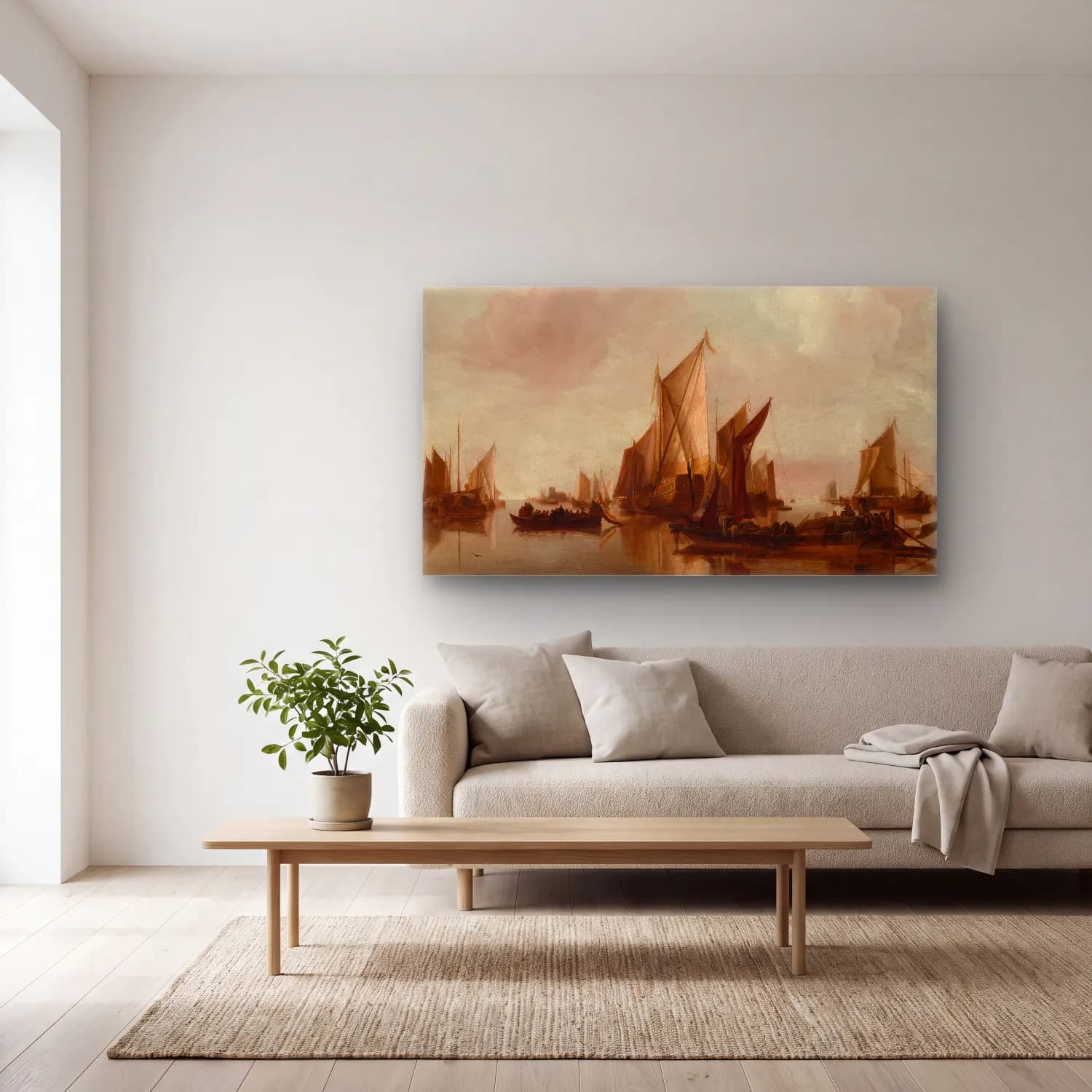Jan van de Cappelle – A State Yacht and Other Craft in Calm Water (ca. 1660) cam tablo — açık renk salonda