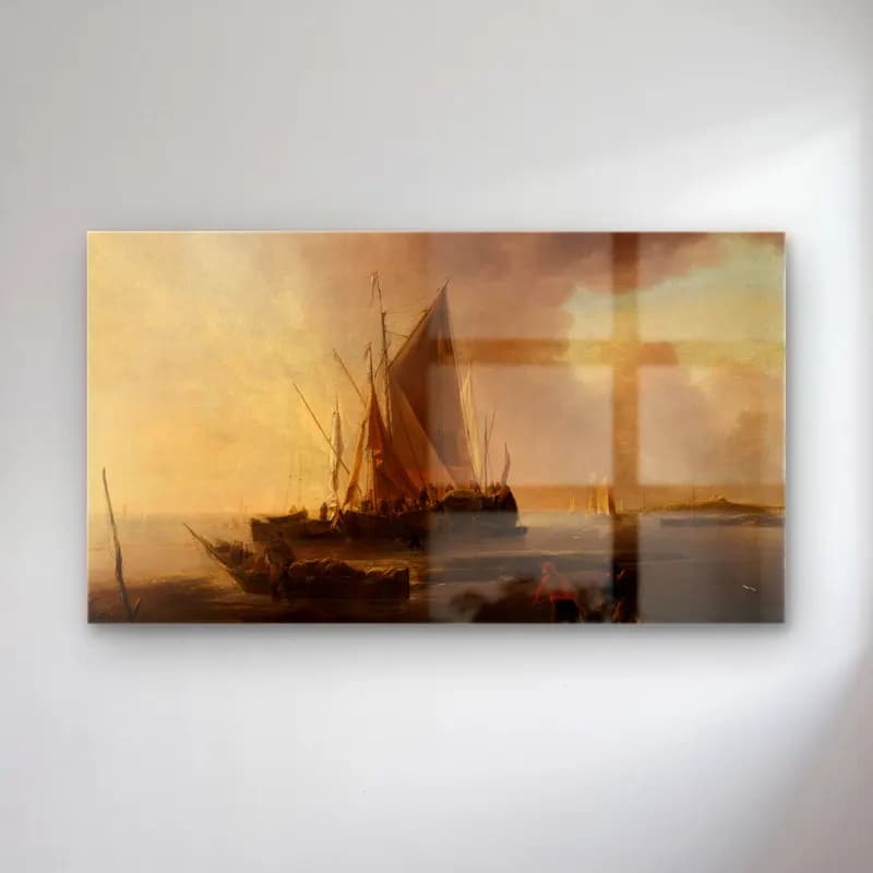 Jan van de Cappelle – Fischerboote am Strand (ca 1653) cam tablo — Jan van de Cappelle – Fischerboote am Strand (ca 1653) — yağlı boya liman ve tekneler