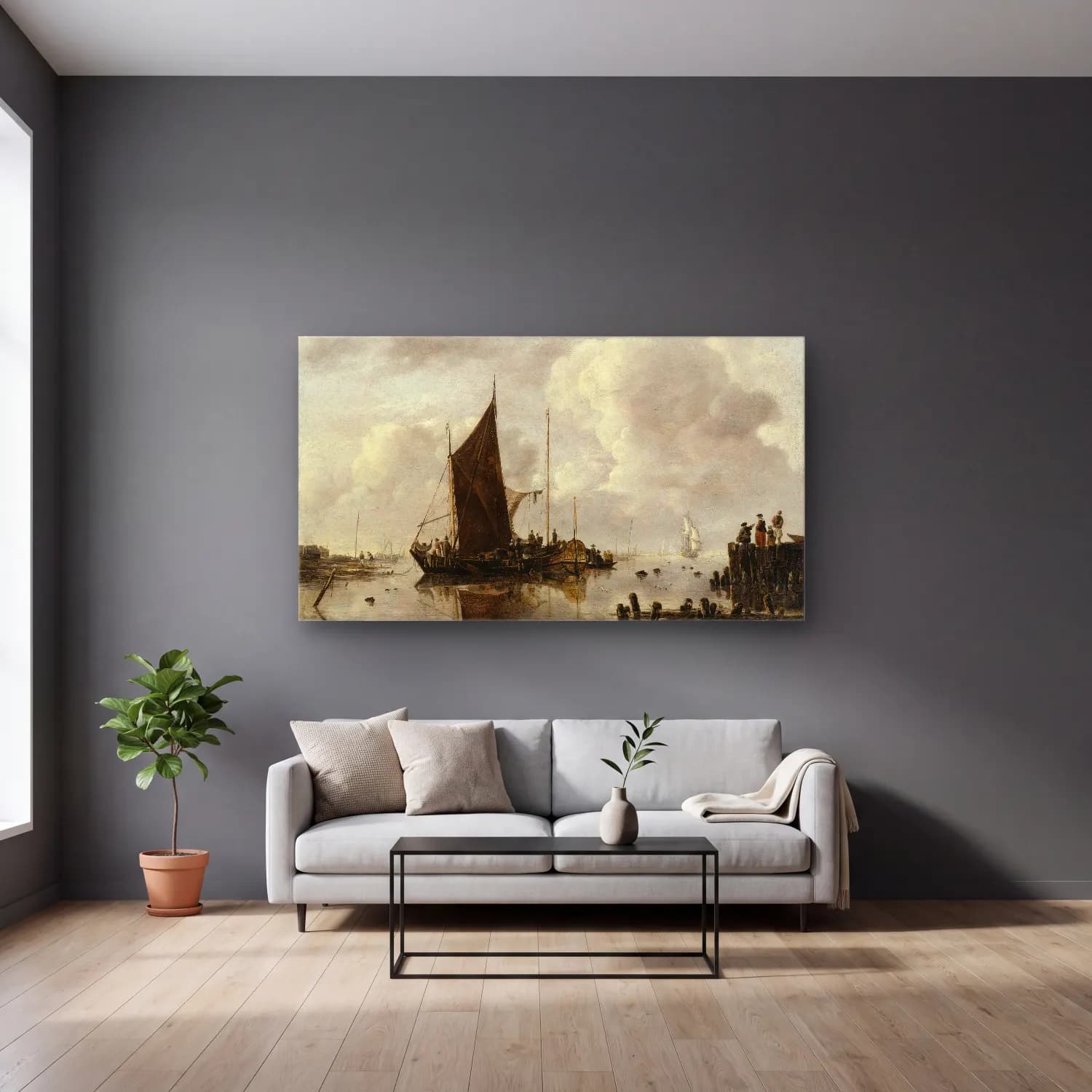 Jan van de Cappelle – Harbour Scene with Reflecting Water cam tablo — gri duvarlı salonda