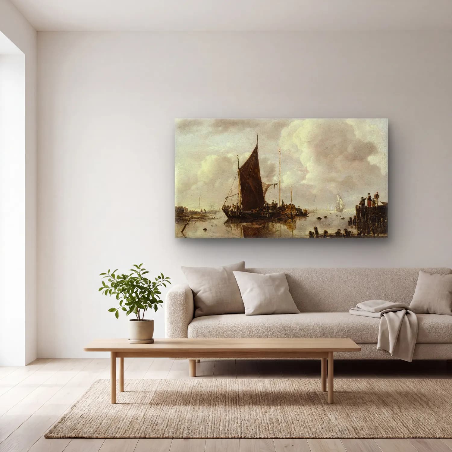 Jan van de Cappelle – Harbour Scene with Reflecting Water cam tablo — açık renk salonda