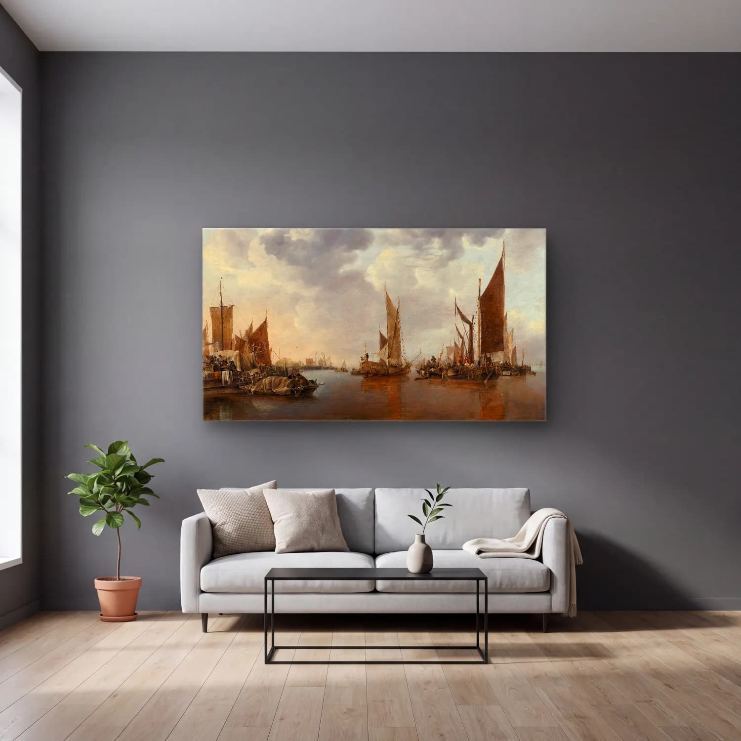 Jan van de Cappelle – Seascape with Ships cam tablo — gri duvarlı salonda