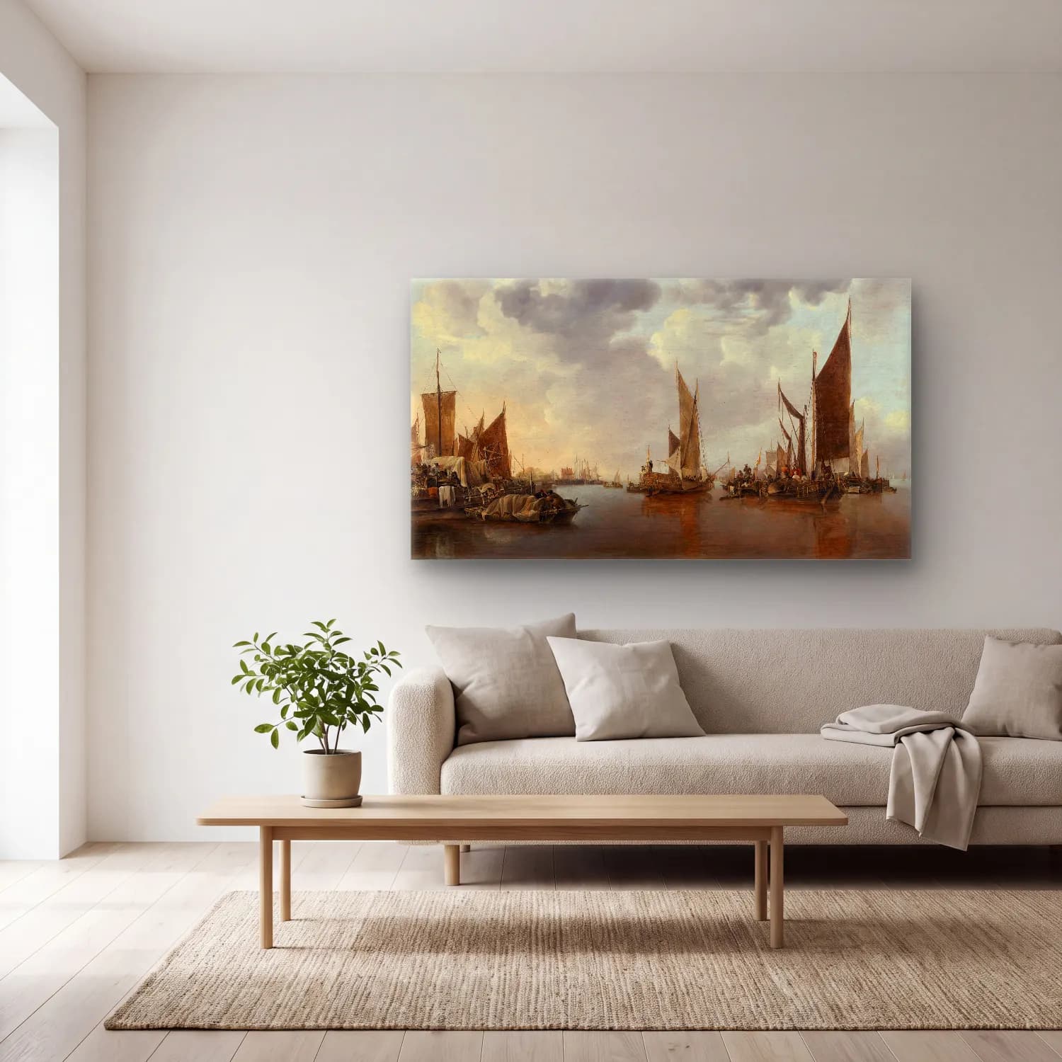 Jan van de Cappelle – Seascape with Ships cam tablo — açık renk salonda