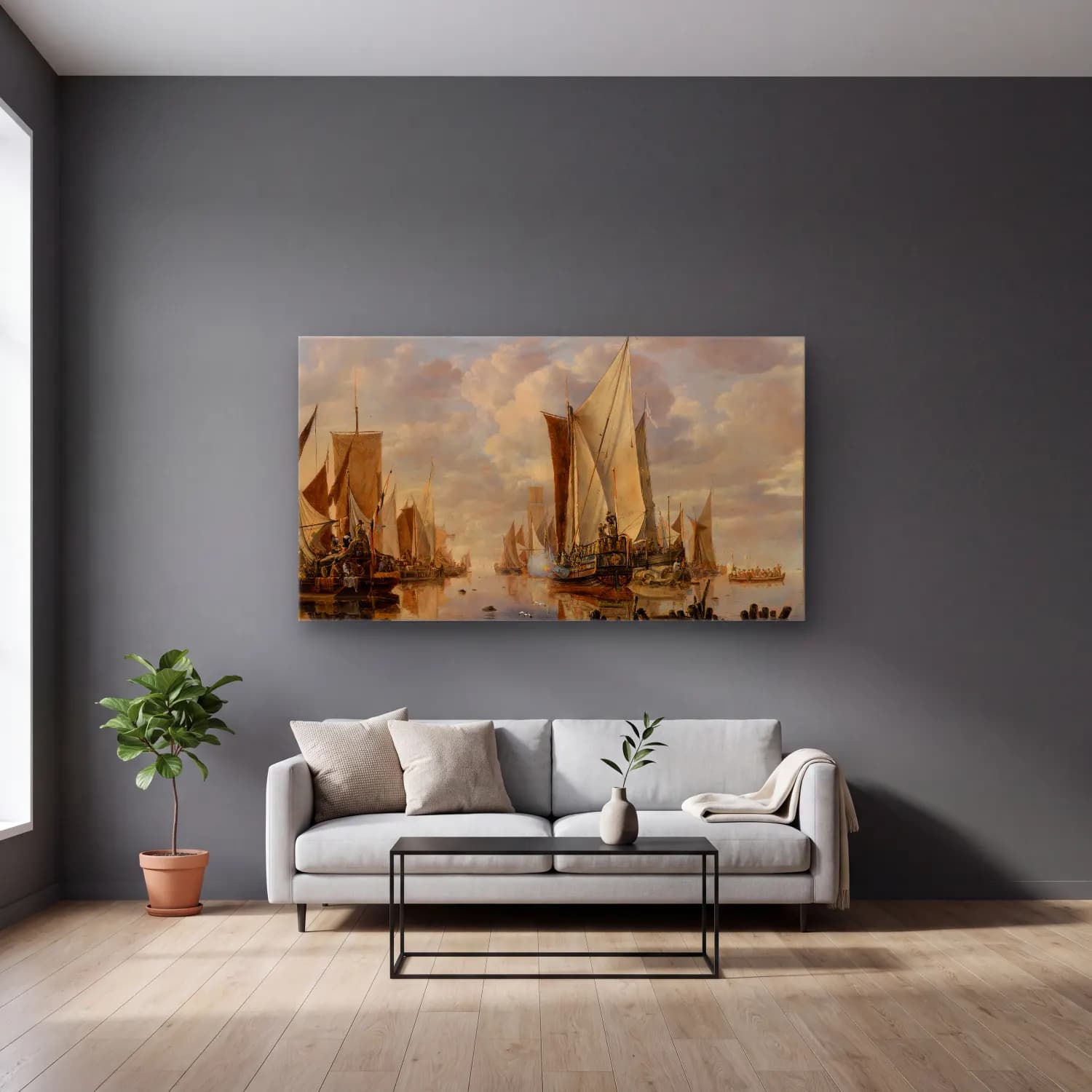 Jan van de Cappelle – Shipping in a Calm at Flushing with a States General Yacht… cam tablo — gri duvarlı salonda