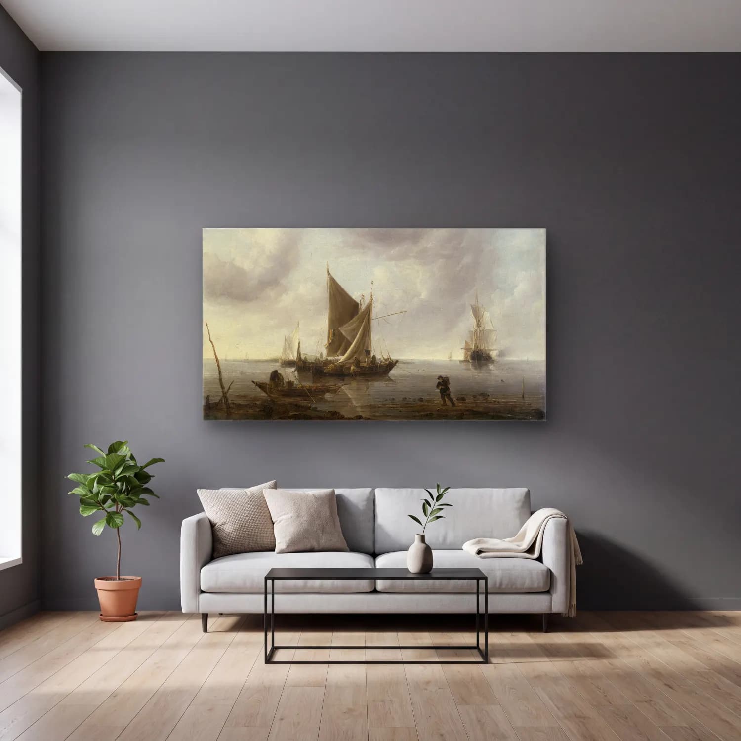 Jan van de Cappelle – Ships at Anchor on a Quiet Sea cam tablo — gri duvarlı salonda
