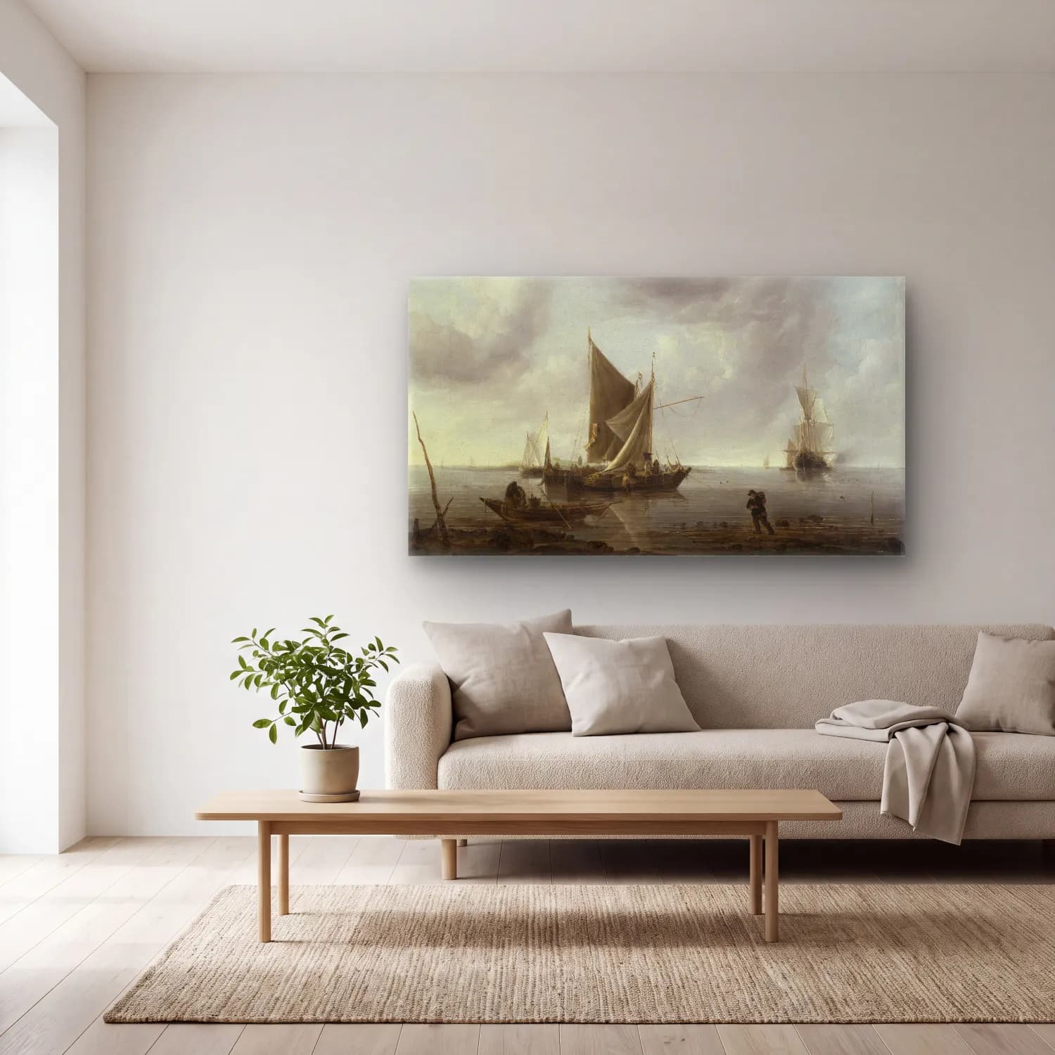 Jan van de Cappelle – Ships at Anchor on a Quiet Sea cam tablo — açık renk salonda