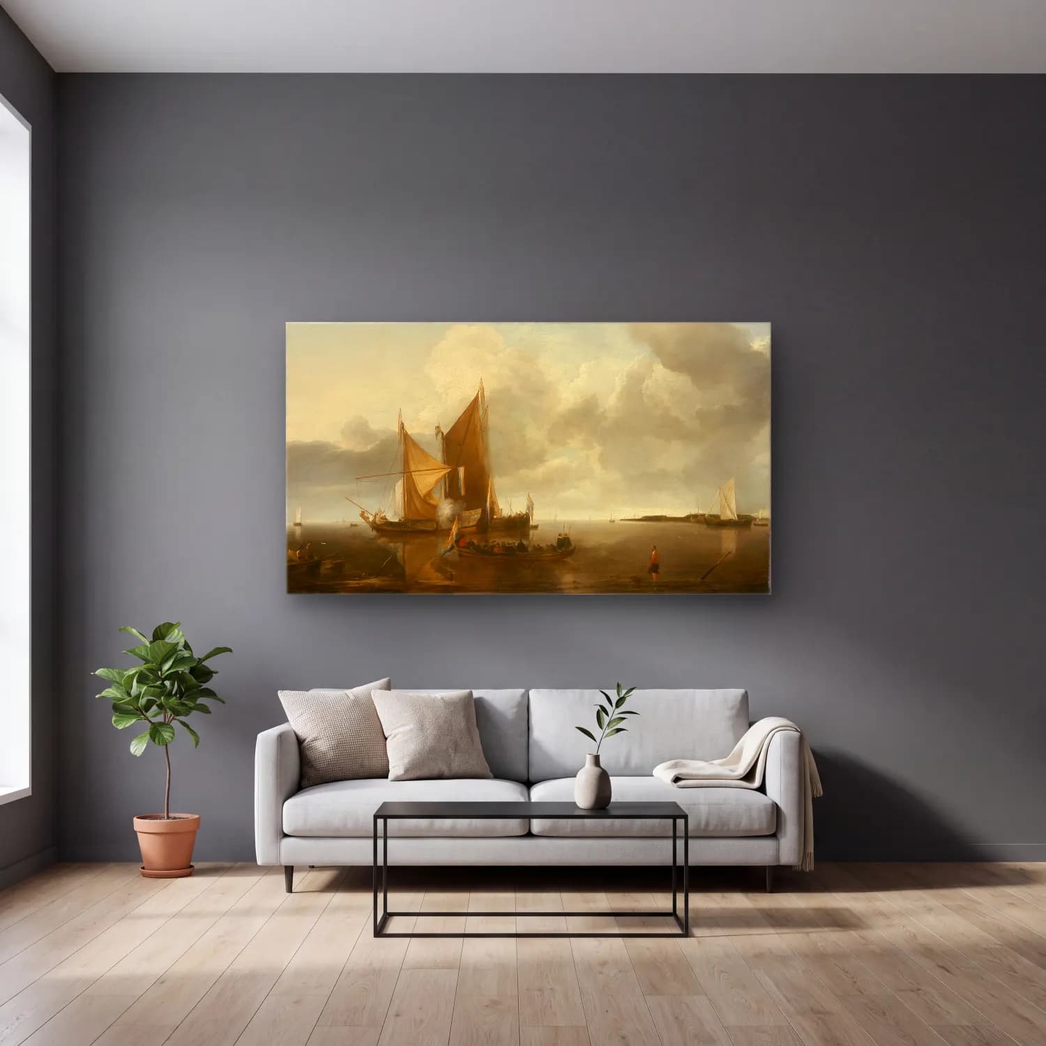 Jan van de Cappelle – Ships in a Calm (circa 1650-1655) cam tablo — gri duvarlı salonda