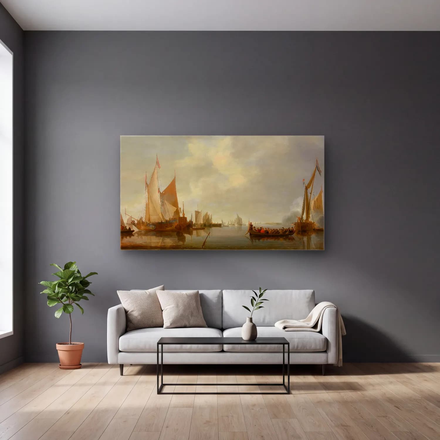 Jan van de Cappelle – The Admiral cam tablo — gri duvarlı salonda