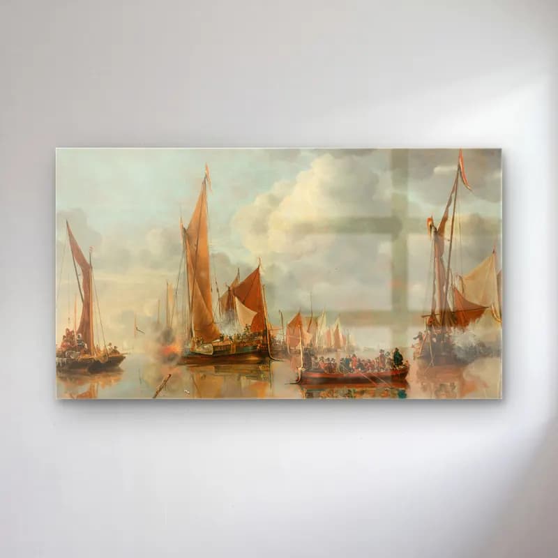 Jan van de Cappelle – The Home Fleet Saluting the State Barge cam tablo — Jan van de Cappelle – The Home Fleet Saluting the State Barge — yağlı boya savaş sahnesi
