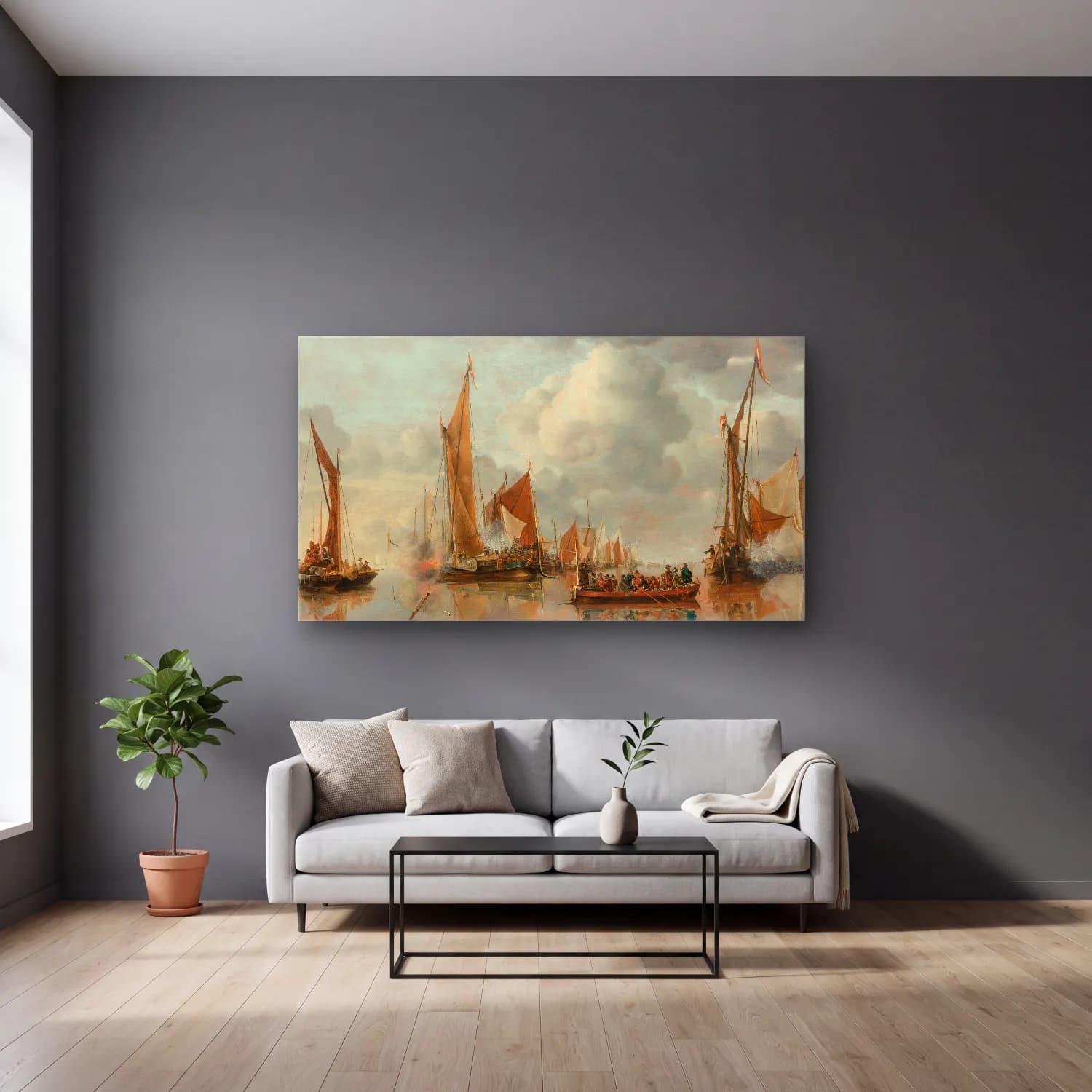 Jan van de Cappelle – The Home Fleet Saluting the State Barge cam tablo — gri duvarlı salonda