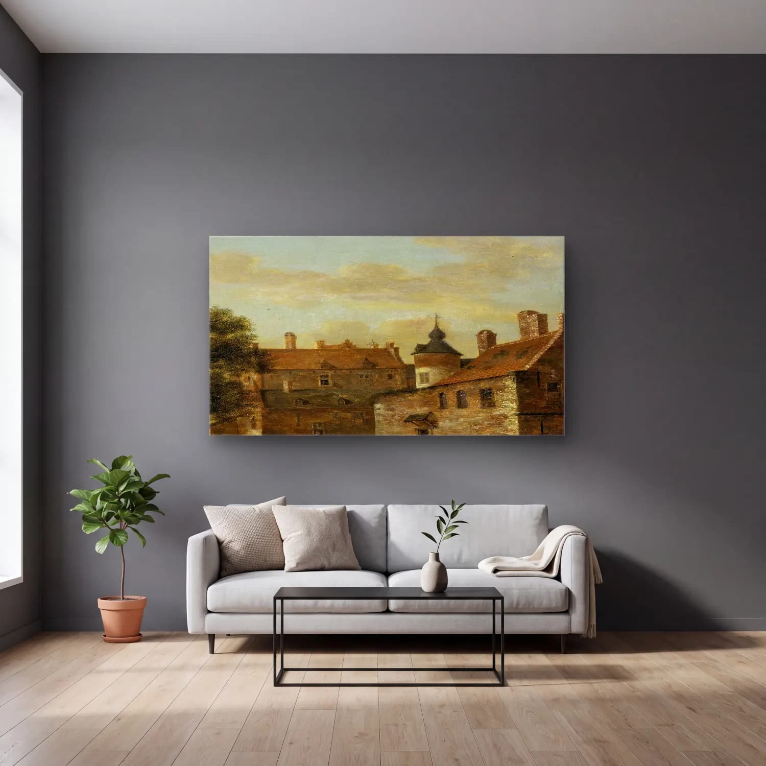 Jan van der Heyden – A Country Home cam tablo — gri duvarlı salonda