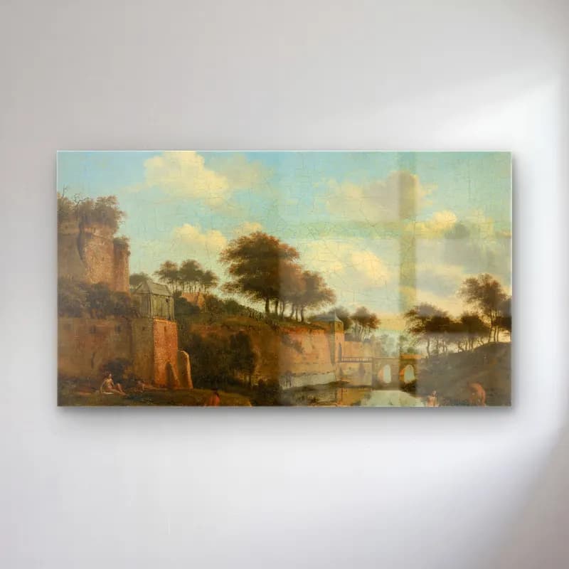 Jan van der Heyden – A fortified town with figures bathing cam tablo — Jan van der Heyden – A fortified town with figures bathing — yağlı boya kırda nehir