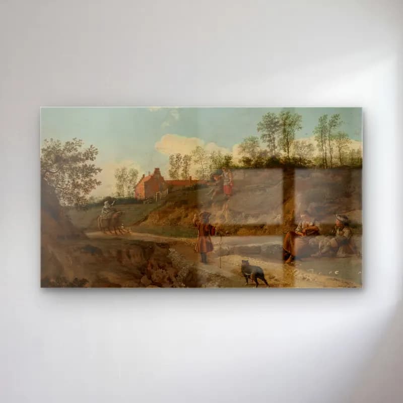 Jan van der Heyden – A rural landscape, with figures conversing cam tablo — Jan van der Heyden – A rural landscape, with figures conversing — yağlı boya kır evi