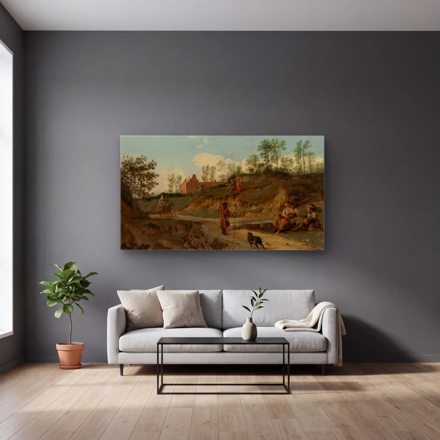 Jan van der Heyden – A rural landscape, with figures conversing cam tablo — gri duvarlı salonda
