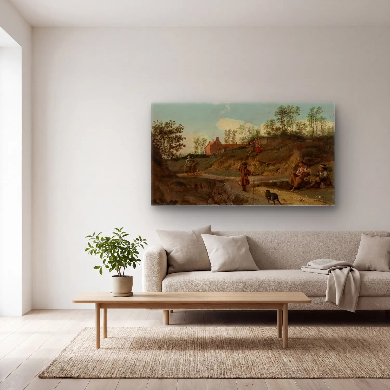Jan van der Heyden – A rural landscape, with figures conversing cam tablo — açık renk salonda