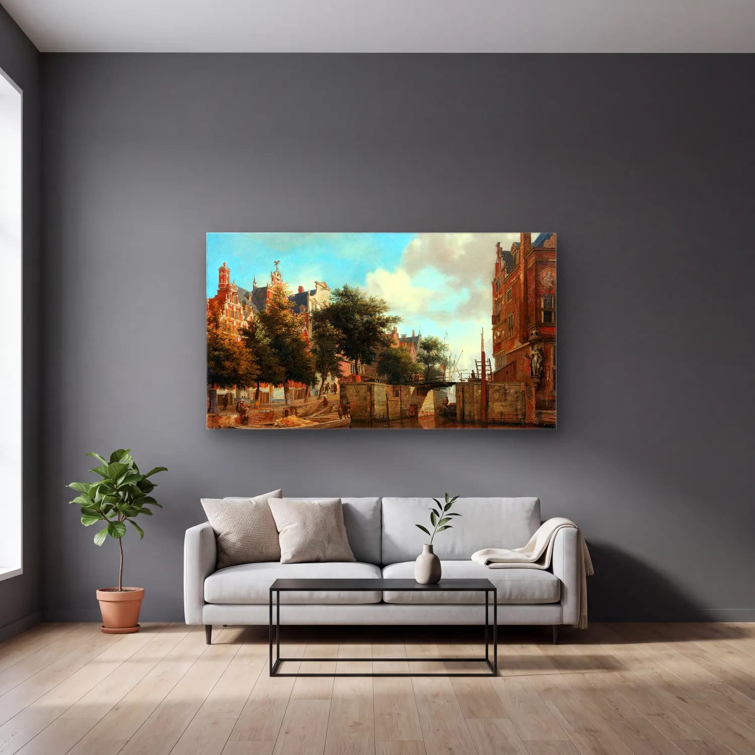 Jan van der Heyden – Amsterdam City View with Houses cam tablo — gri duvarlı salonda