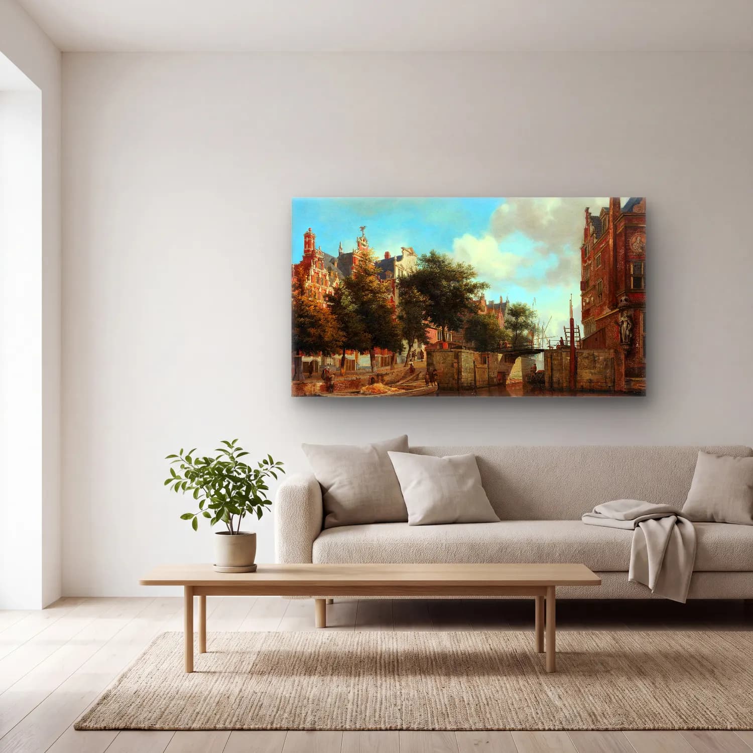 Jan van der Heyden – Amsterdam City View with Houses cam tablo — açık renk salonda