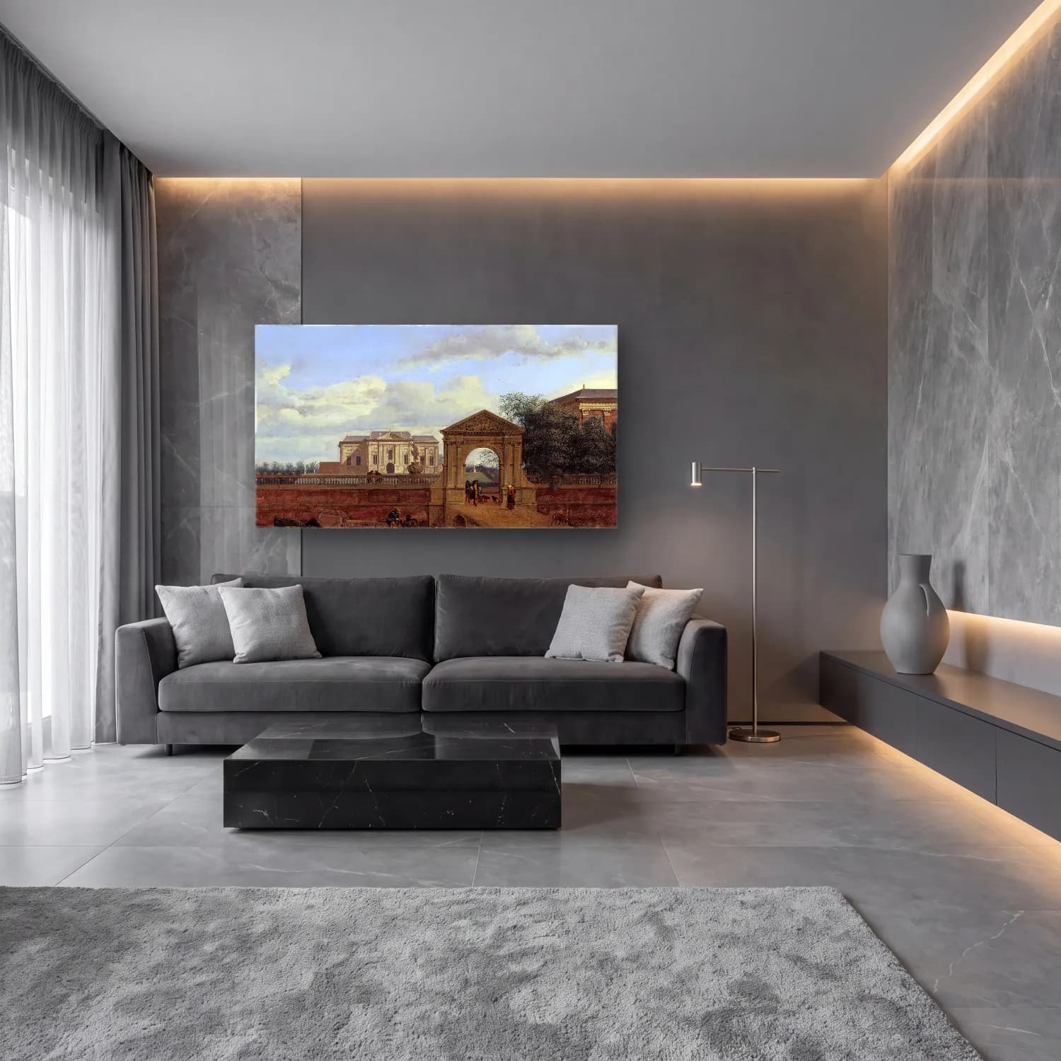 Jan van der Heyden – An Architectural Fantasy cam tablo — lüks salon duvarında