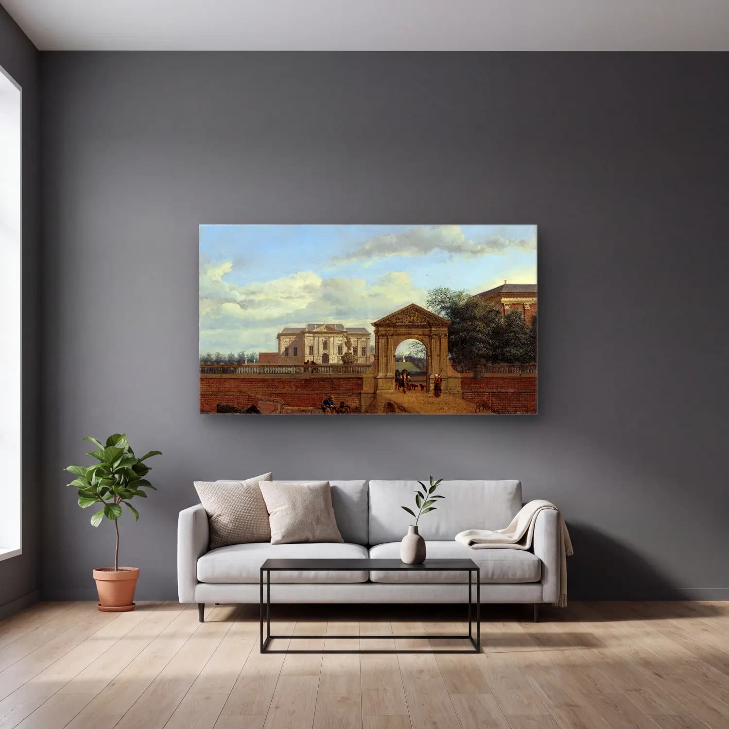Jan van der Heyden – An Architectural Fantasy cam tablo — gri duvarlı salonda