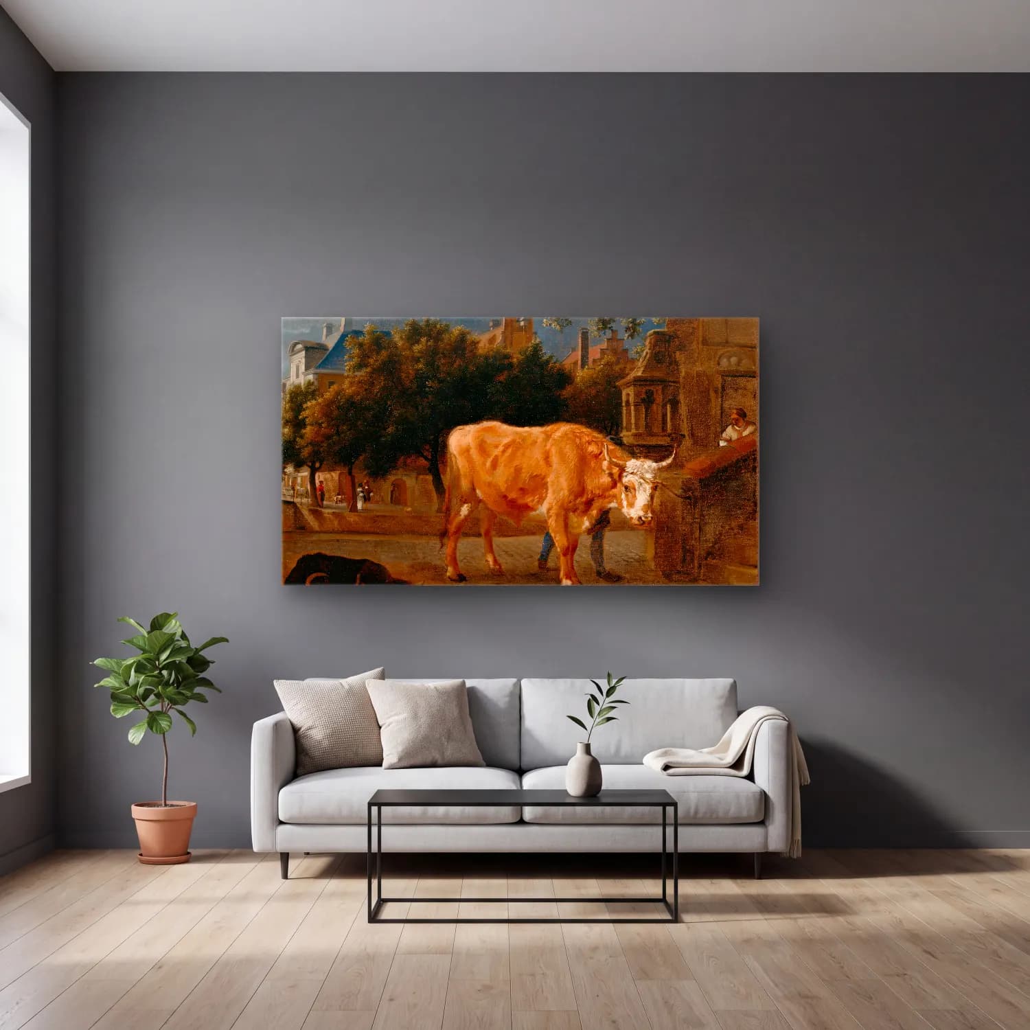 Jan van der Heyden – Bull in a City Street (ca. 1670) cam tablo — gri duvarlı salonda