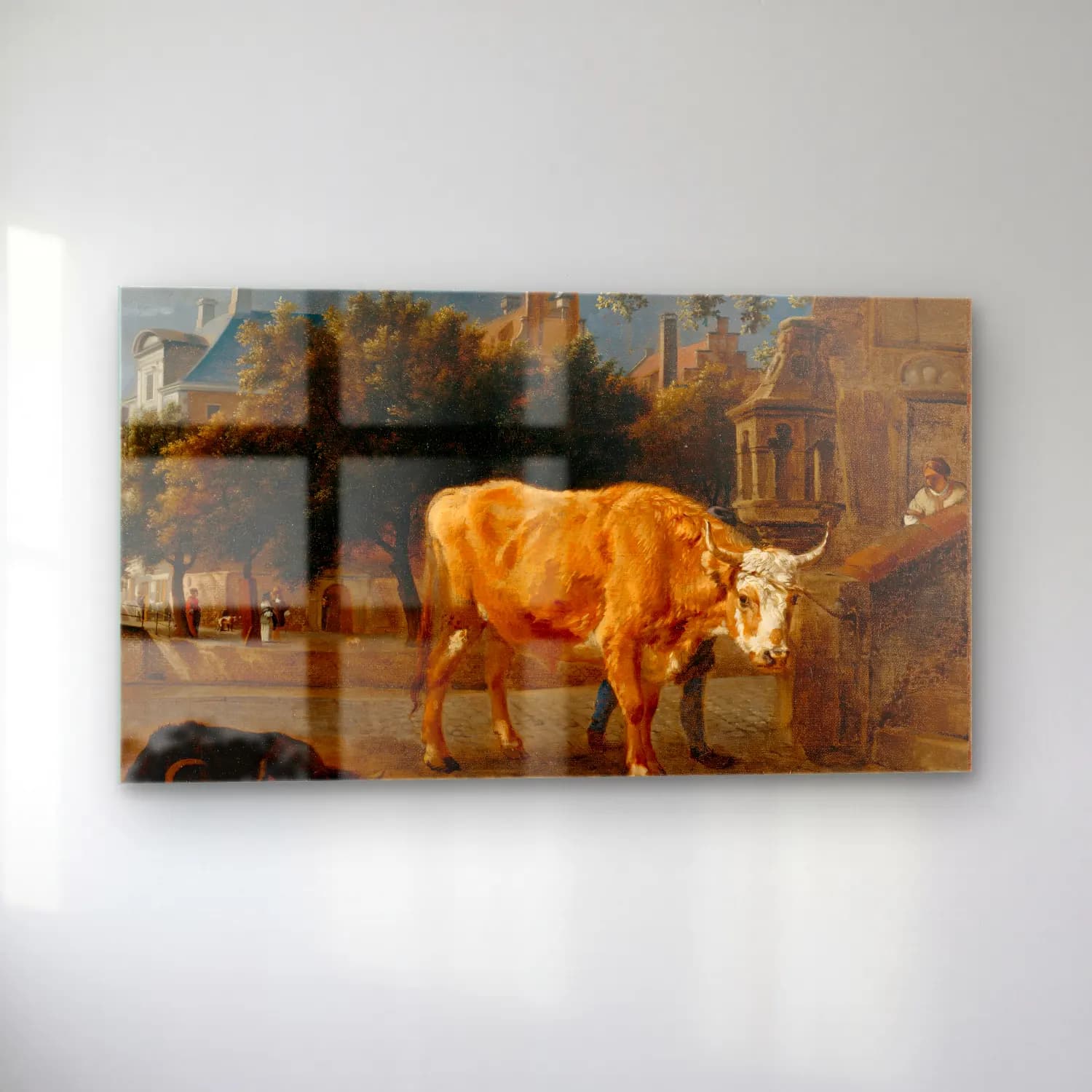 Jan van der Heyden – Bull in a City Street (ca. 1670) cam tablo — sol açıdan görünüm
