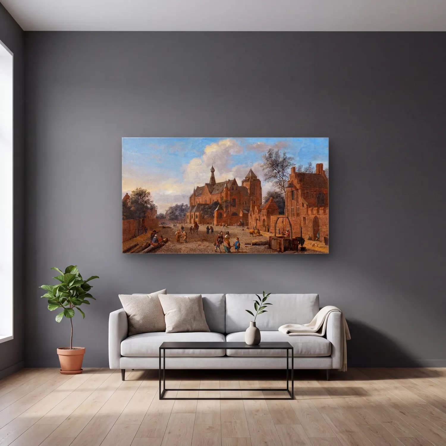 Jan van der Heyden – Der Kirchplatz von Veere in Zeeland cam tablo — gri duvarlı salonda