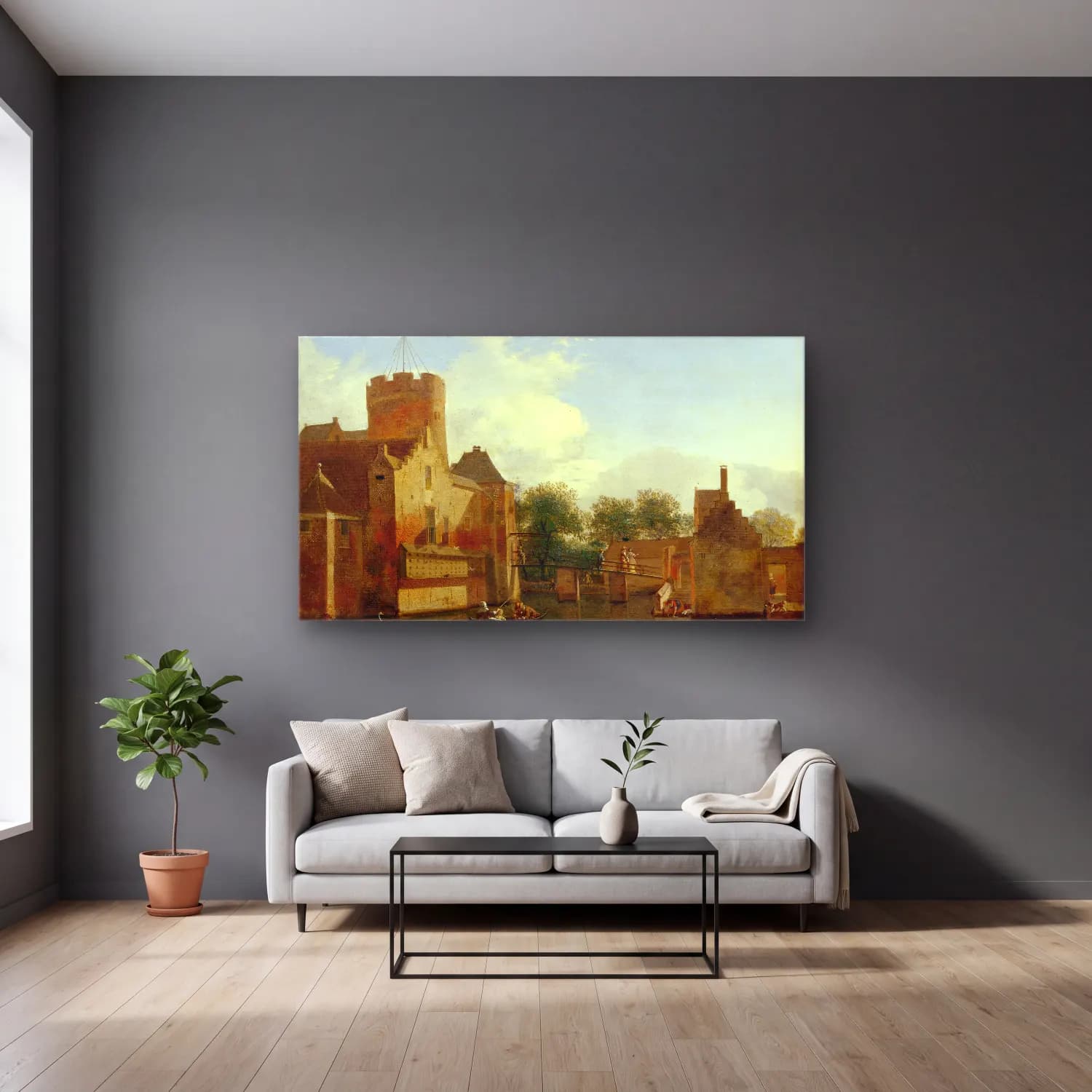 Jan van der Heyden – Loenerslot Castle in Holland (ca. 1665 – 1670) cam tablo — gri duvarlı salonda