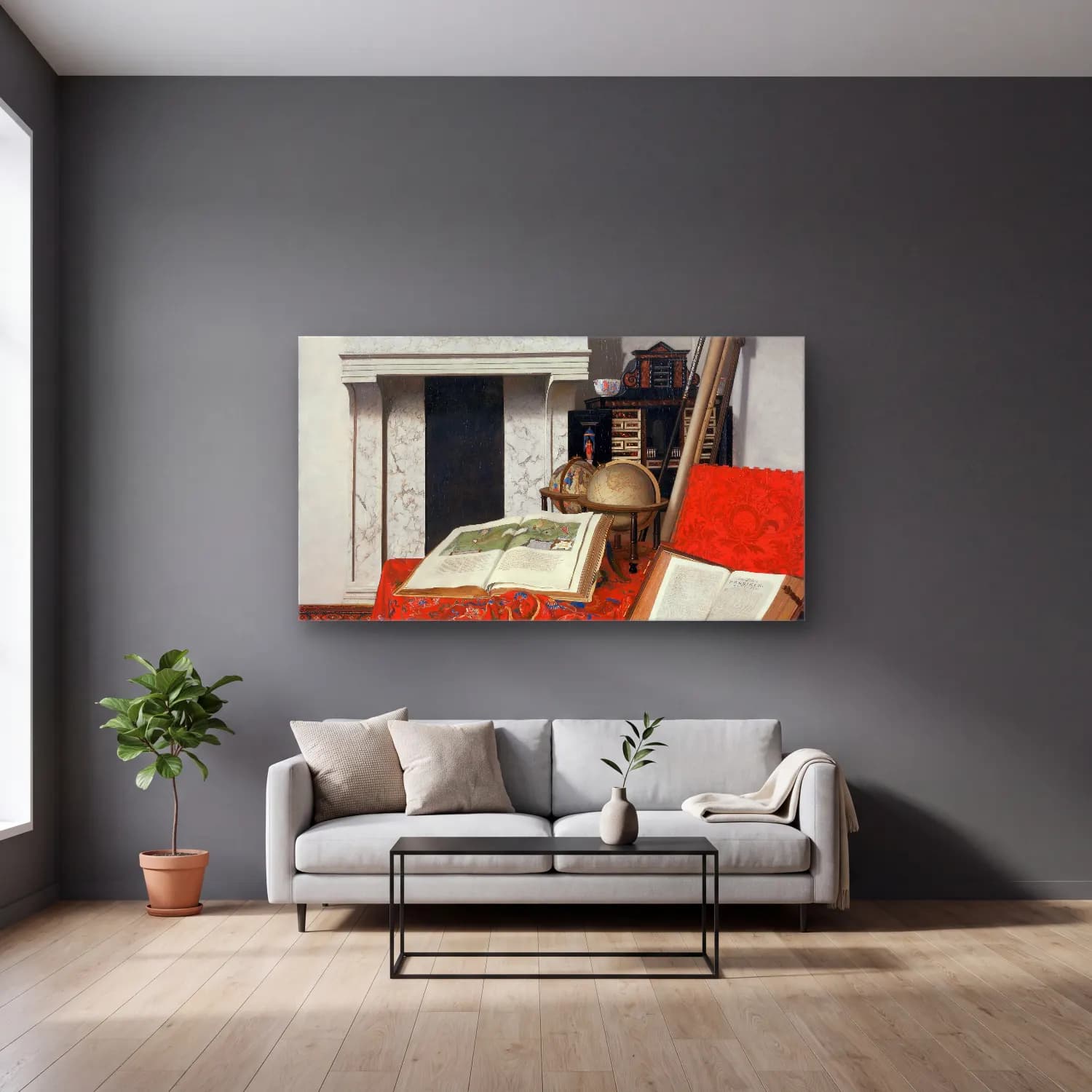 Jan van der Heyden – Room Corner With Curiosities cam tablo — gri duvarlı salonda