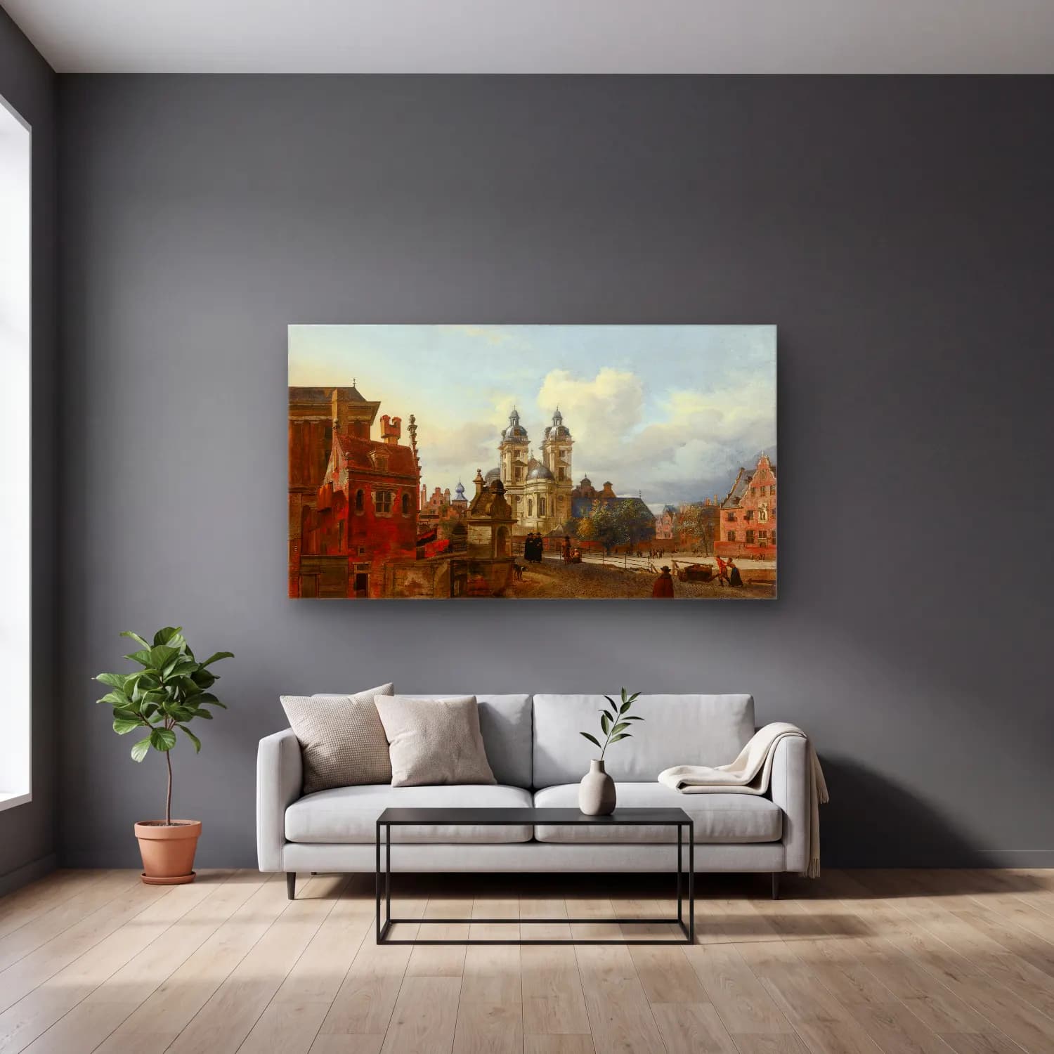 Jan van der Heyden – The Church of St Andrew in Düsseldorf cam tablo — gri duvarlı salonda