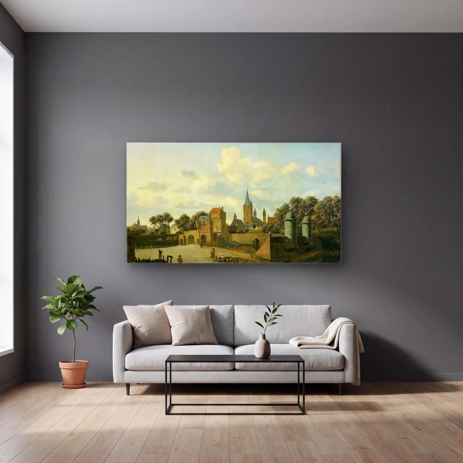 Jan van der Heyden – The Church of St Severin in Cologne in an Imaginary Setting cam tablo — gri duvarlı salonda