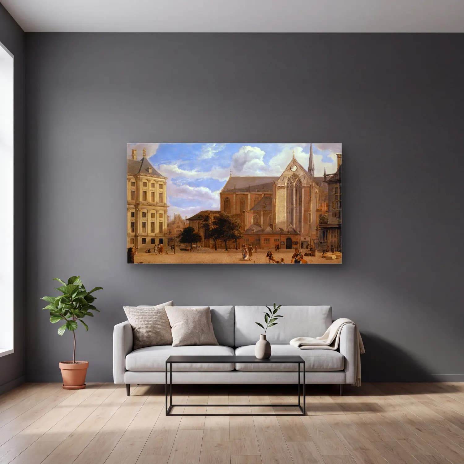 Jan van der Heyden – The Dam in Amsterdam towards the Townhall and Nieuwe Kerk cam tablo — gri duvarlı salonda