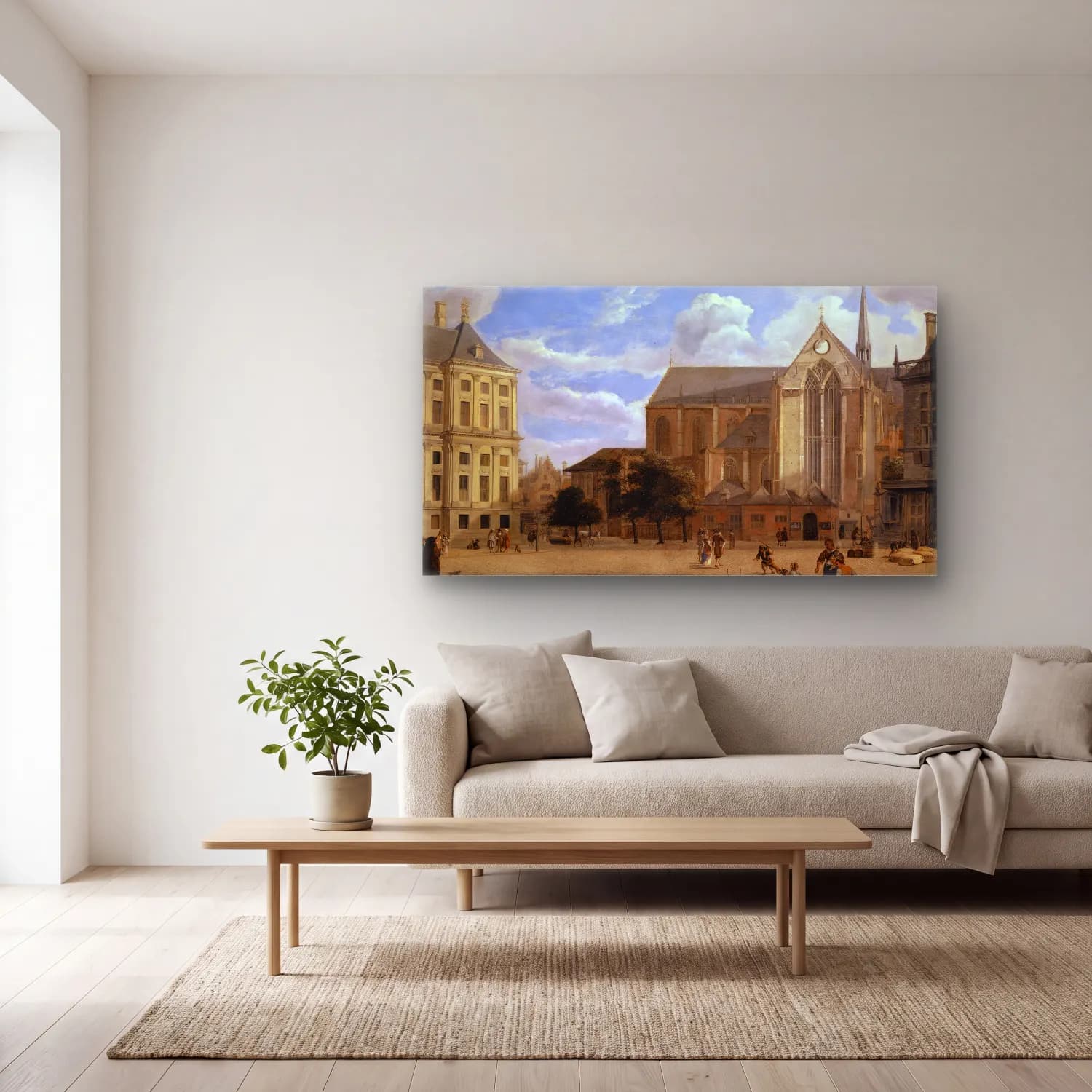 Jan van der Heyden – The Dam in Amsterdam towards the Townhall and Nieuwe Kerk cam tablo — açık renk salonda