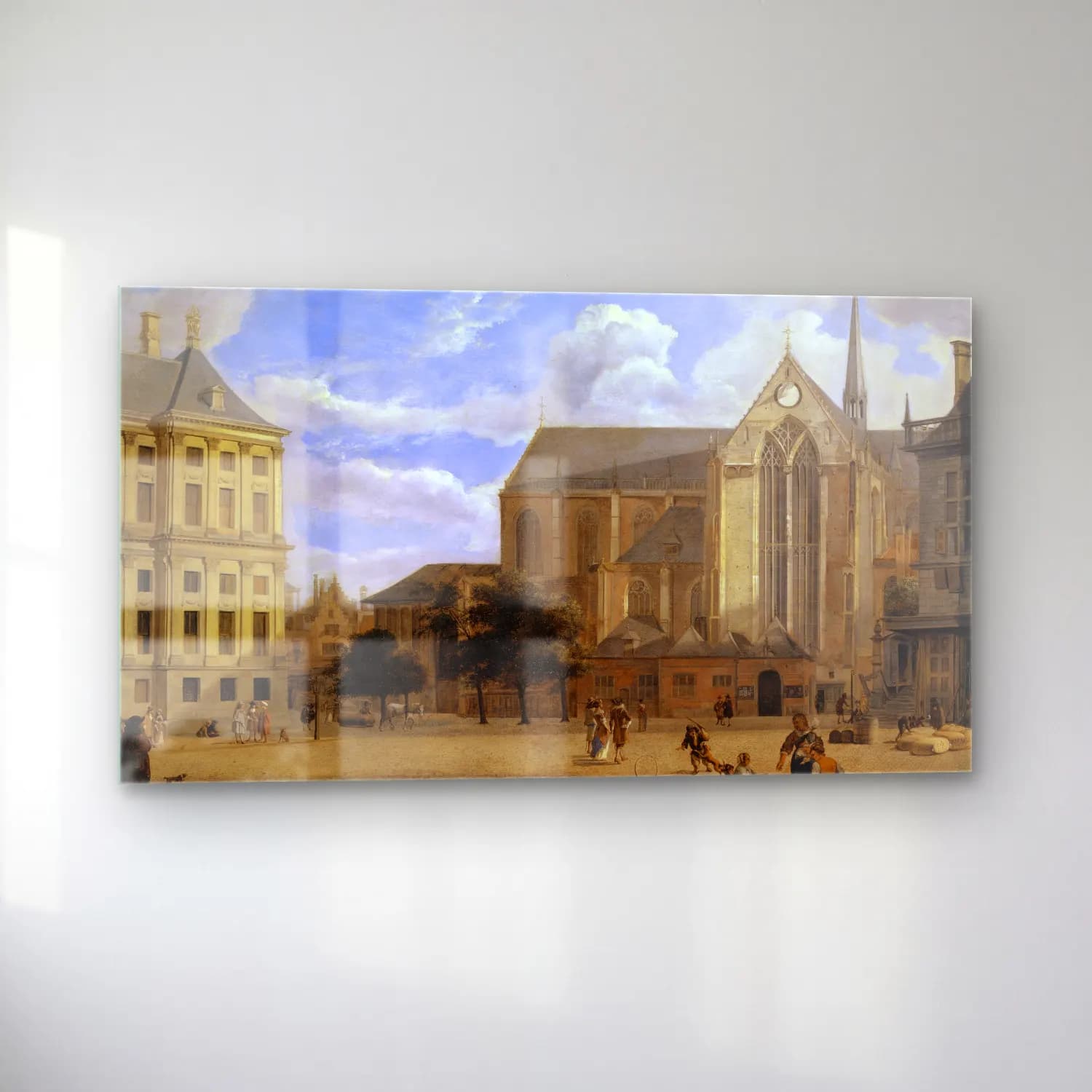 Jan van der Heyden – The Dam in Amsterdam towards the Townhall and Nieuwe Kerk cam tablo — sol açıdan görünüm