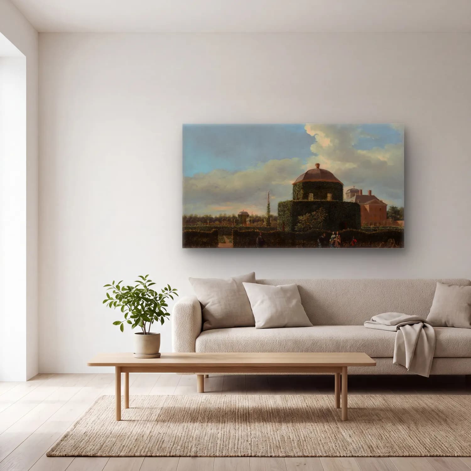 Jan van der Heyden – The Huis ten Bosch at The Hague and Its Formal Garden cam tablo — açık renk salonda
