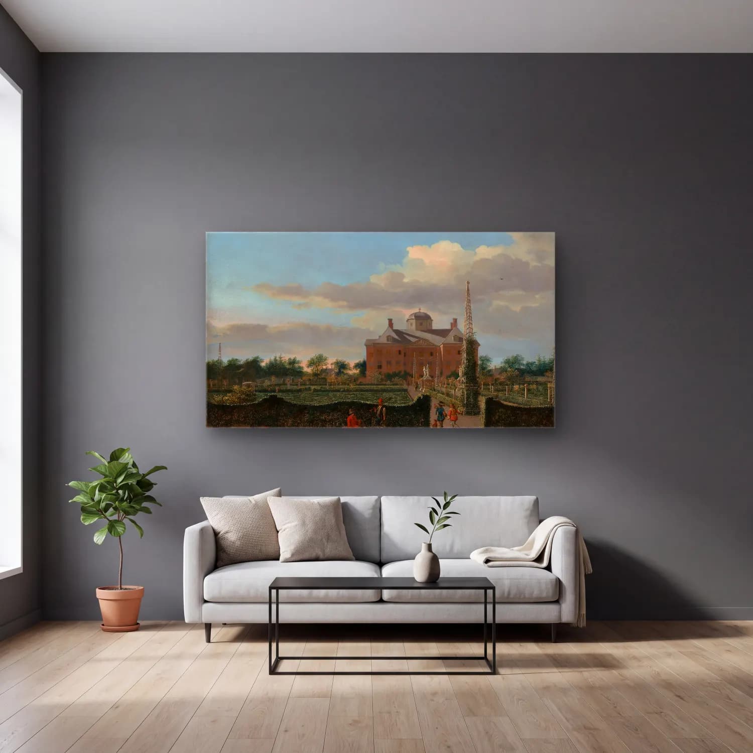 Jan van der Heyden – The Huis ten Bosch at The Hague and Its Formal cam tablo — gri duvarlı salonda