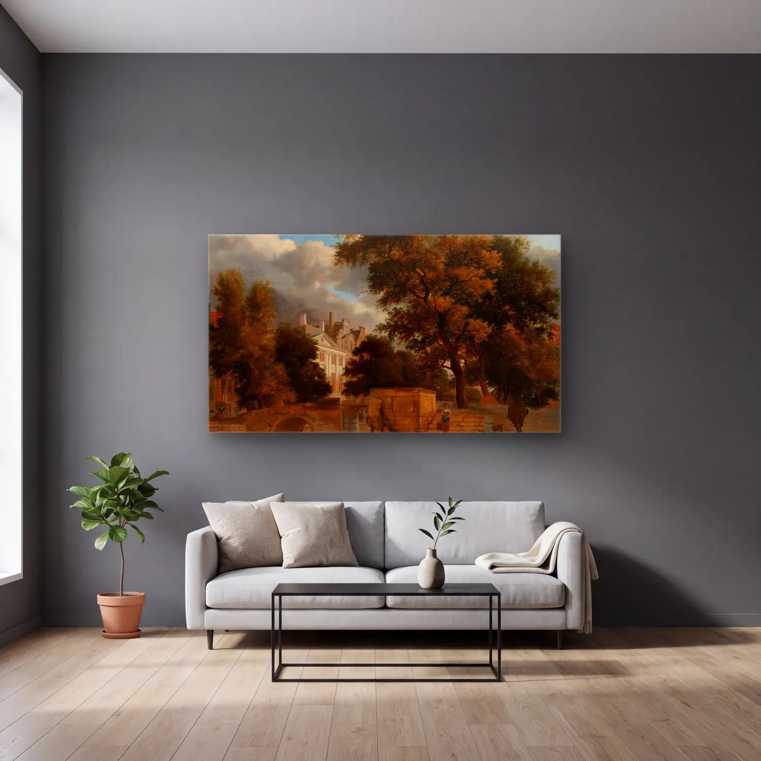 Jan van der Heyden – The Stone Bridge cam tablo — gri duvarlı salonda
