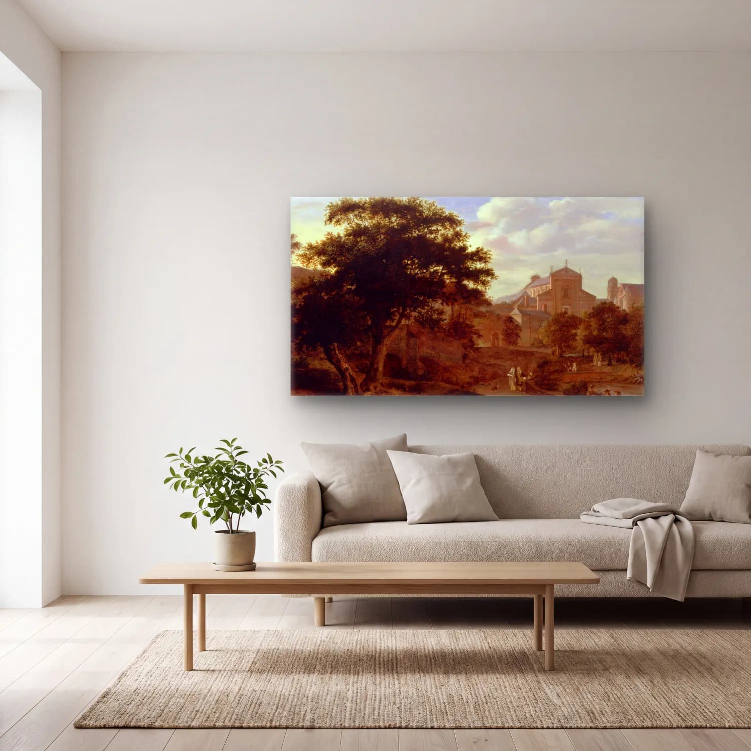 Jan van der Heyden – Two Churches and a Town Wall cam tablo — açık renk salonda