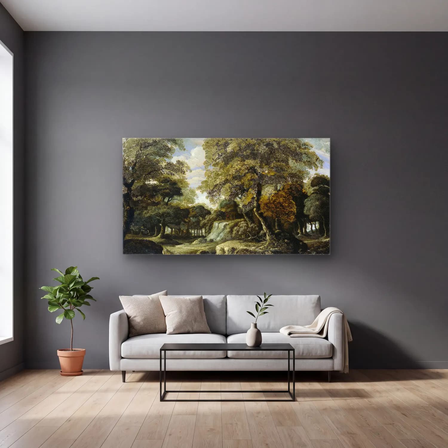 Jan van der Heyden – View in the Woods cam tablo — gri duvarlı salonda