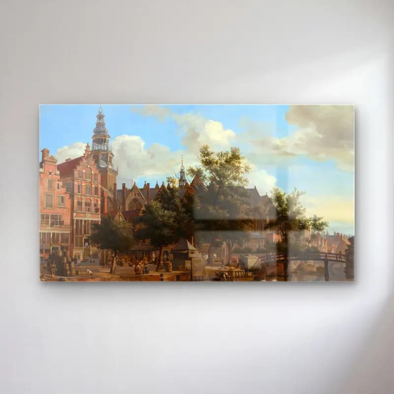 Jan van der Heyden – View of Oudezijds Voorburgwal with the Oude Kerk in… cam tablo — Jan van der Heyden – View of Oudezijds Voorburgwal with the Oude Kerk in… — yağlı boya çiçek pazarı