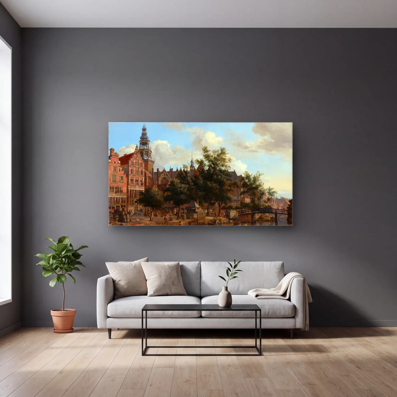 Jan van der Heyden – View of Oudezijds Voorburgwal with the Oude Kerk in… cam tablo — gri duvarlı salonda
