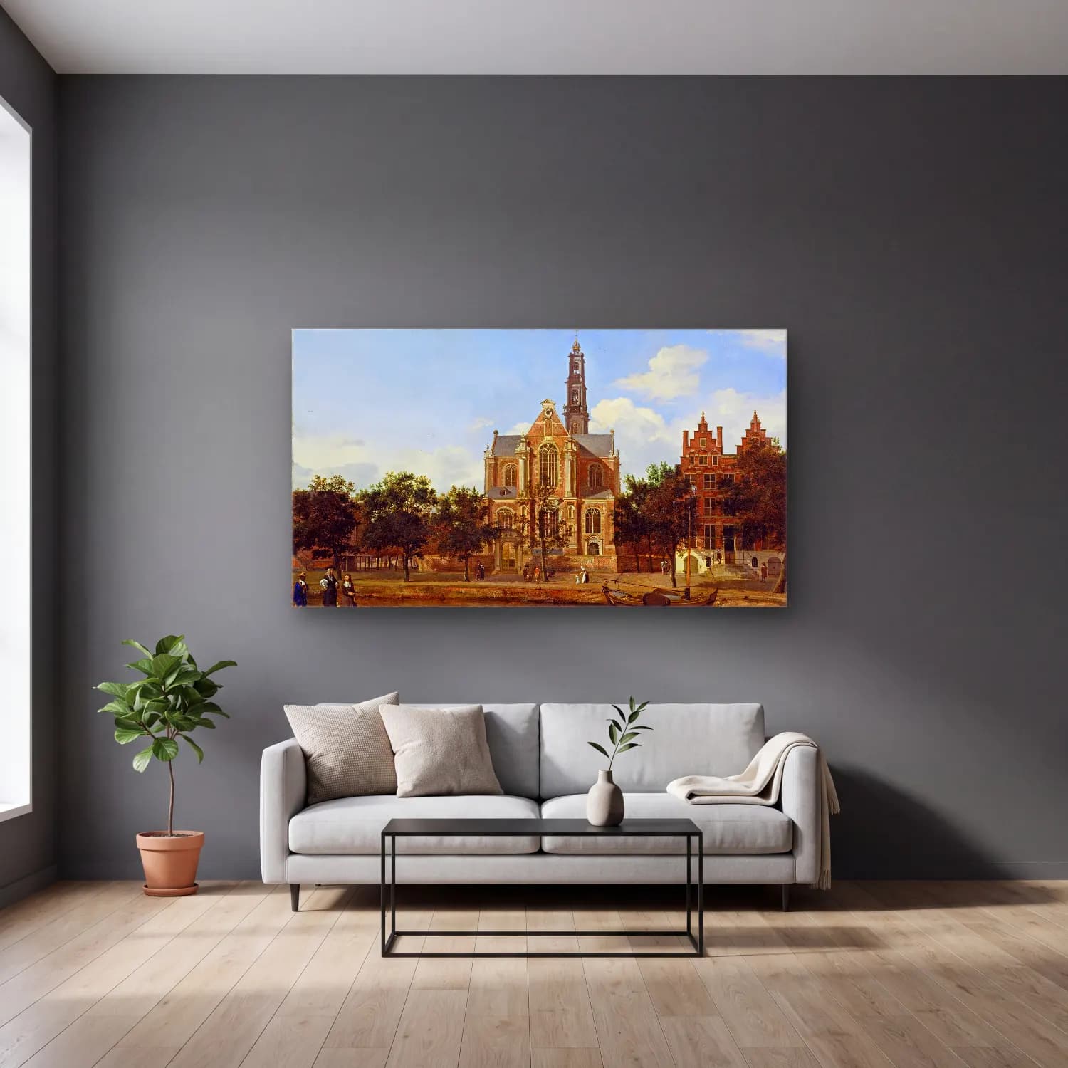 Jan van der Heyden – View of the Westerkerk, Amsterdam cam tablo — gri duvarlı salonda