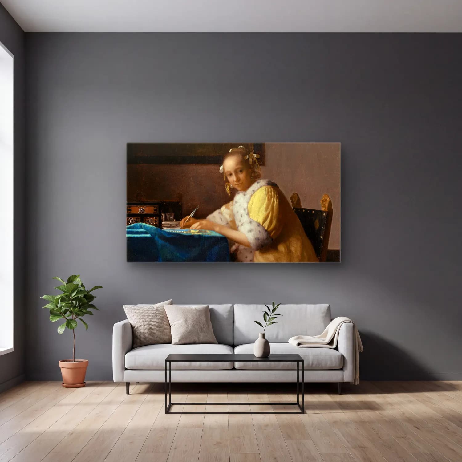 Johannes Vermeer – A Lady Writing a Letter cam tablo — gri duvarlı salonda