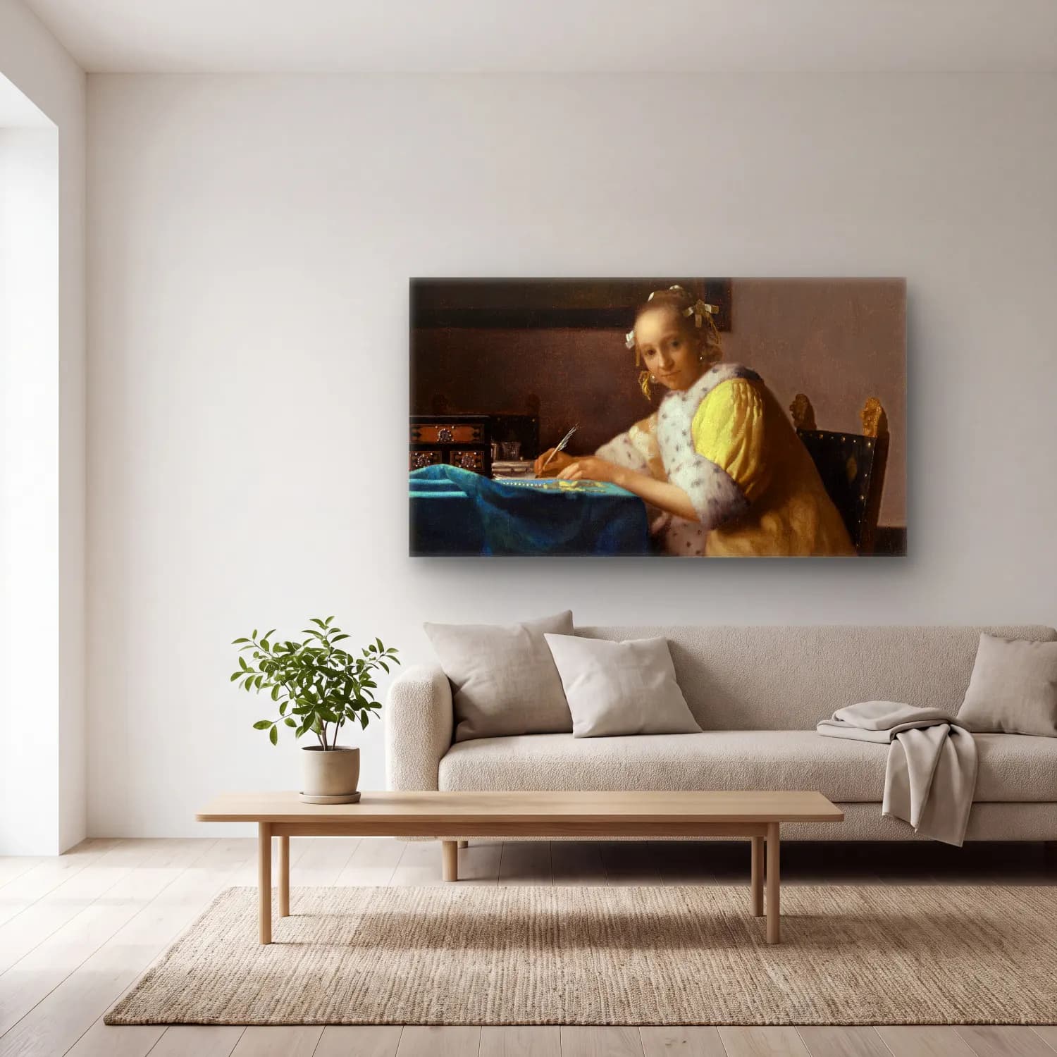 Johannes Vermeer – A Lady Writing a Letter cam tablo — açık renk salonda