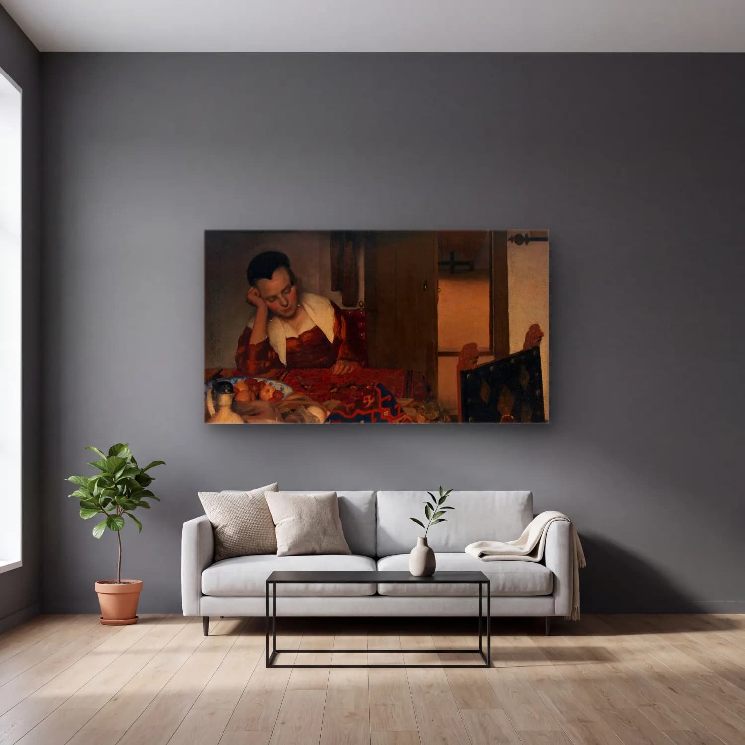 Johannes Vermeer – A Maid Asleep cam tablo — gri duvarlı salonda