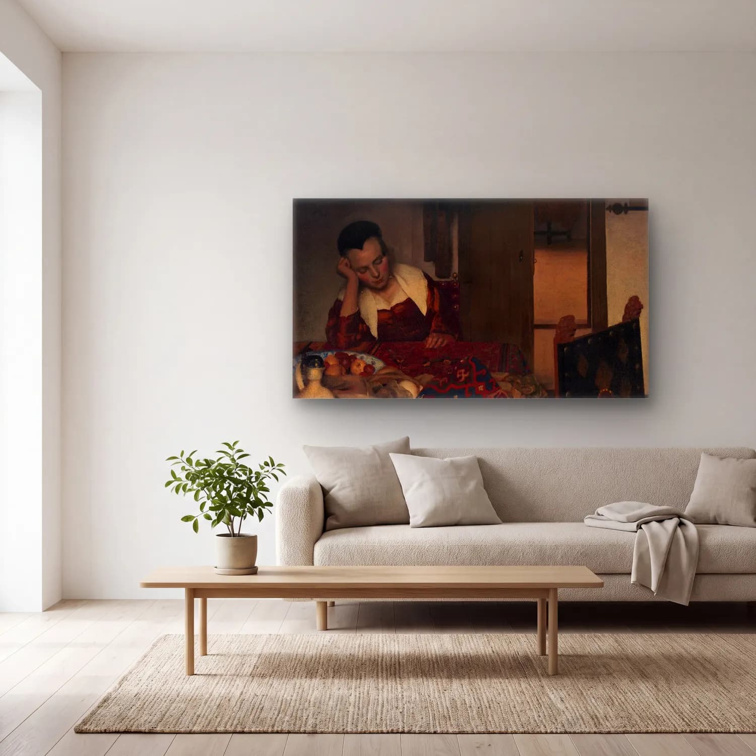 Johannes Vermeer – A Maid Asleep cam tablo — açık renk salonda