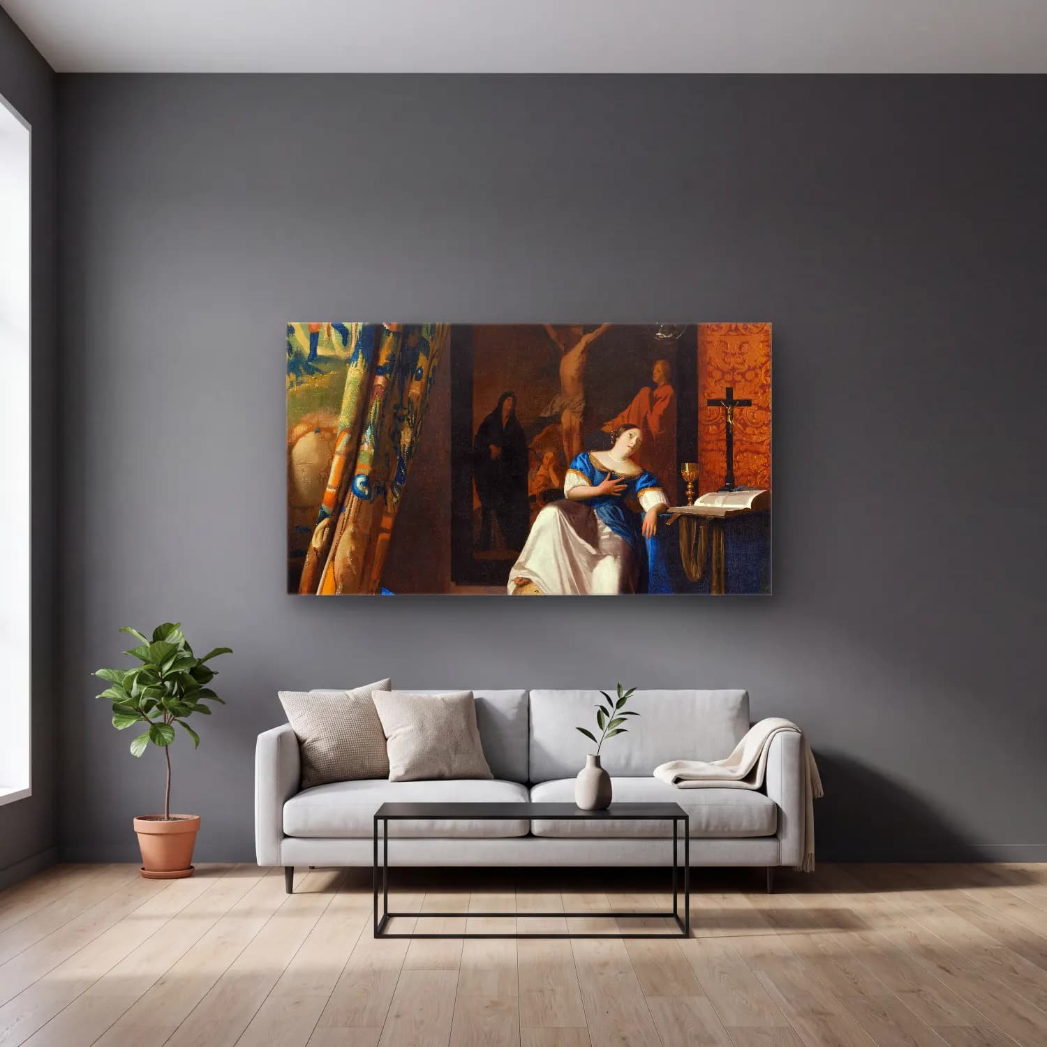 Johannes Vermeer – Allegory of the Catholic Faith cam tablo — gri duvarlı salonda