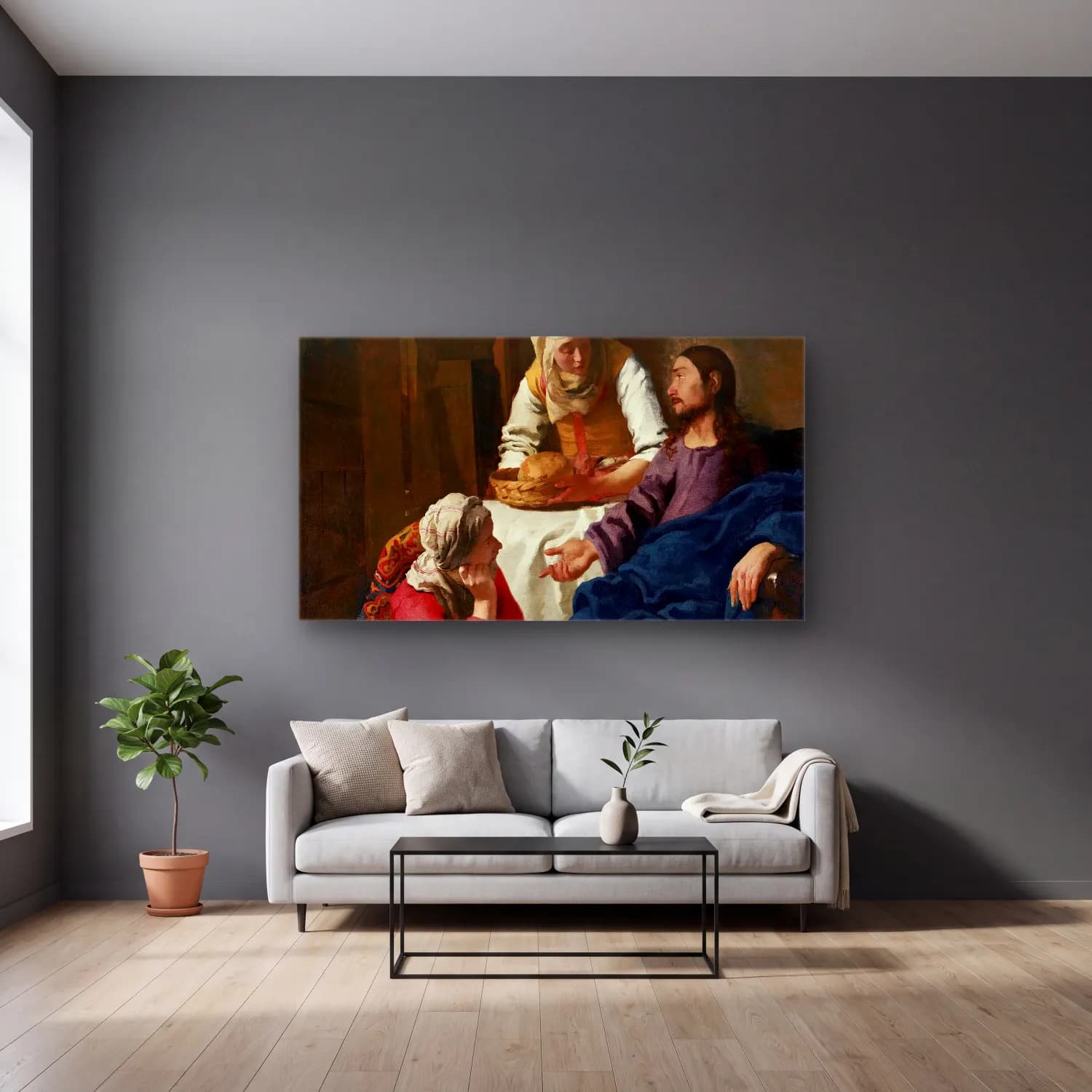 Johannes Vermeer – Christ in the House of Martha and Mary cam tablo — gri duvarlı salonda